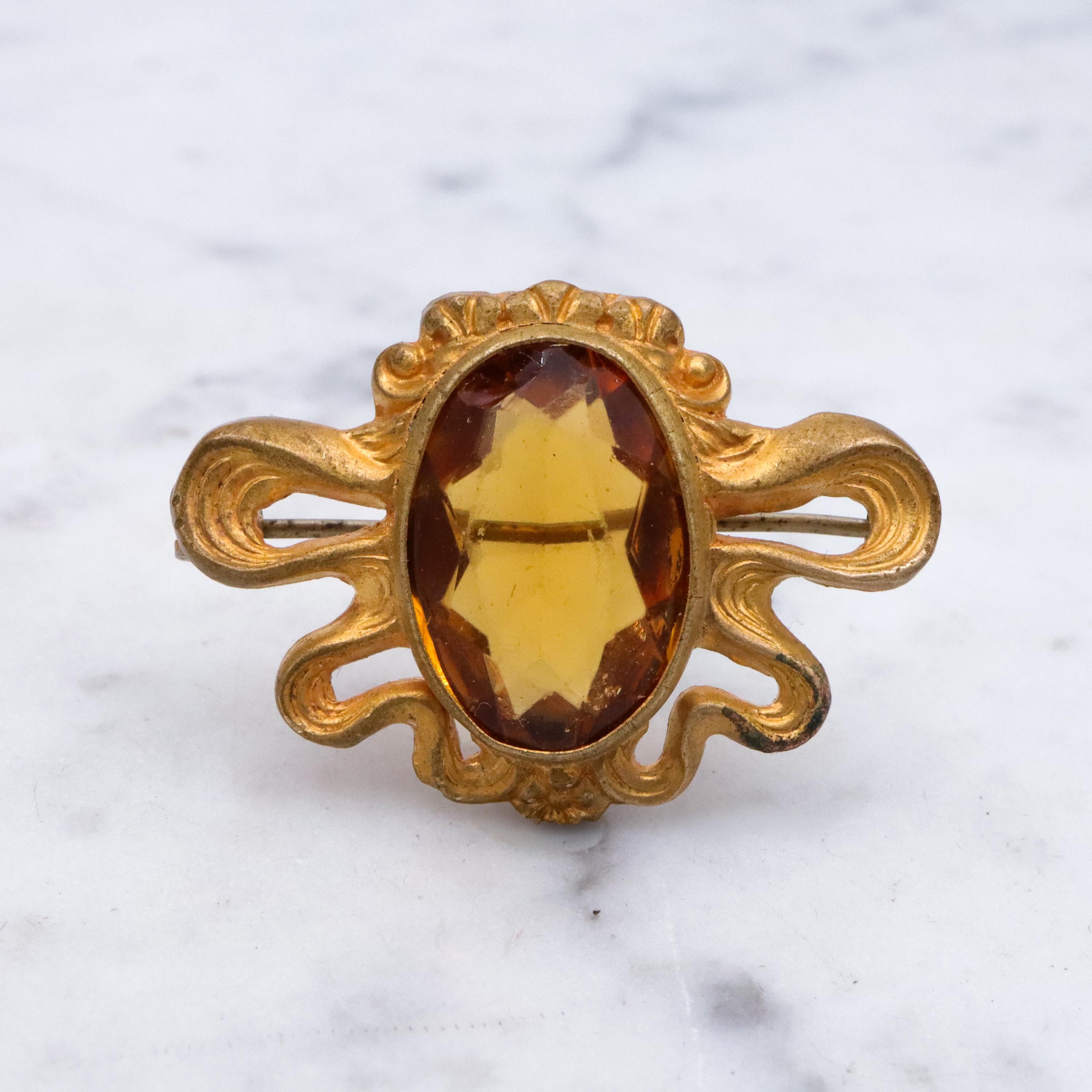 Antique Art Nouveau gilt metal citrine glass sash brooch