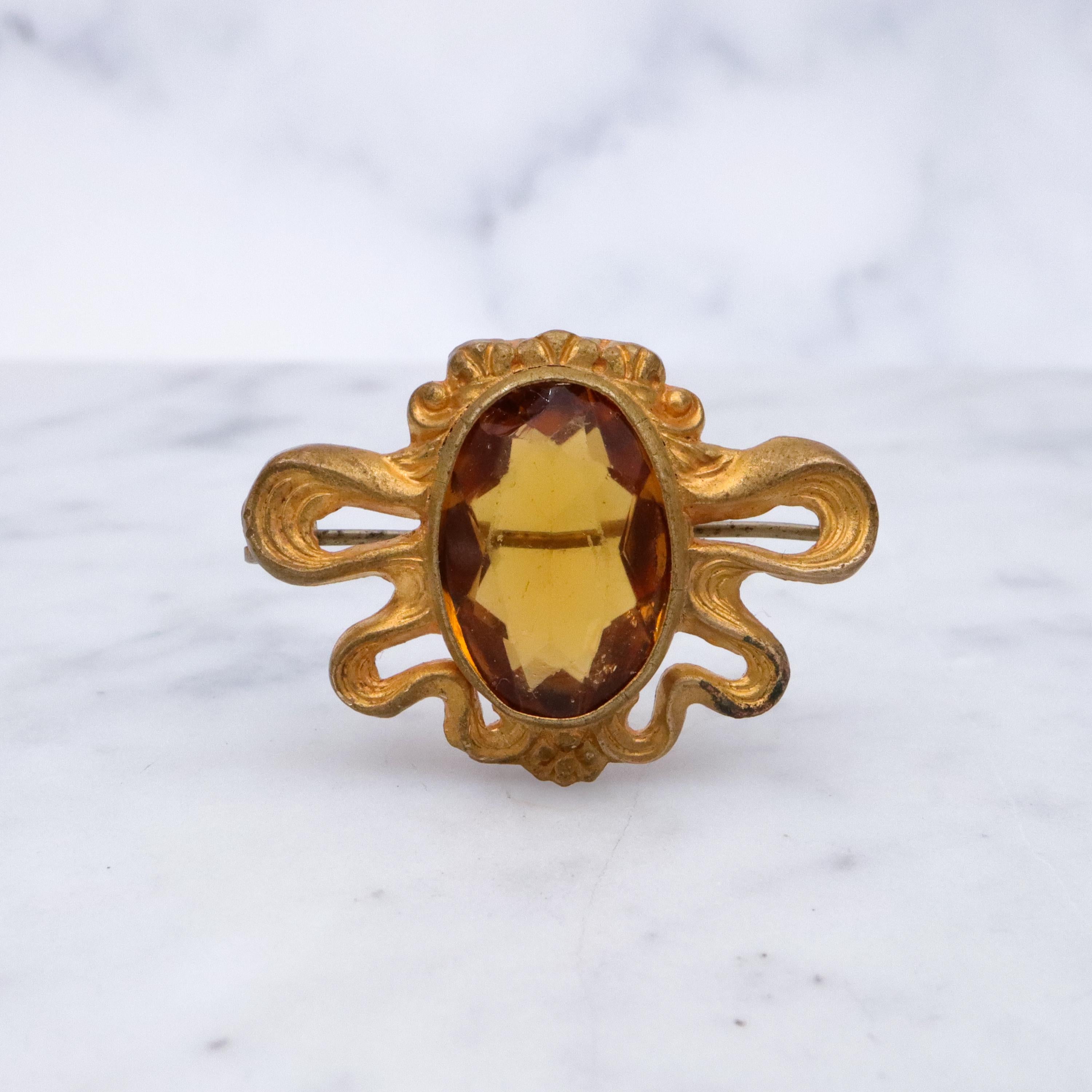 Antique Art Nouveau gilt metal citrine glass sash brooch