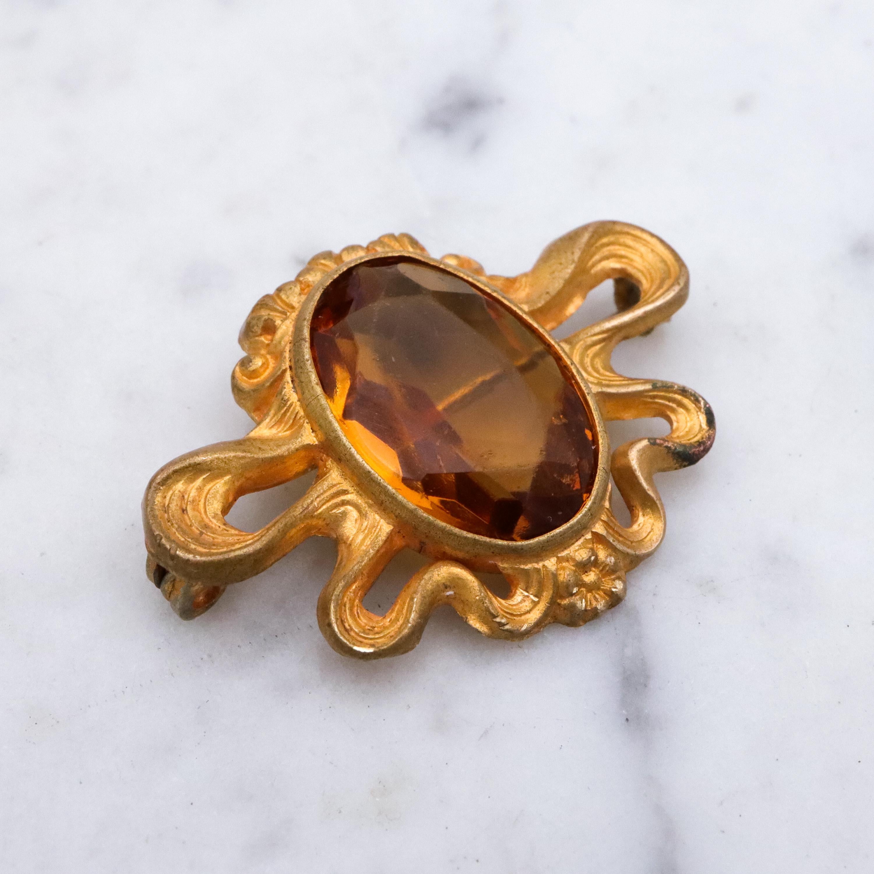Antique Art Nouveau gilt metal citrine glass sash brooch