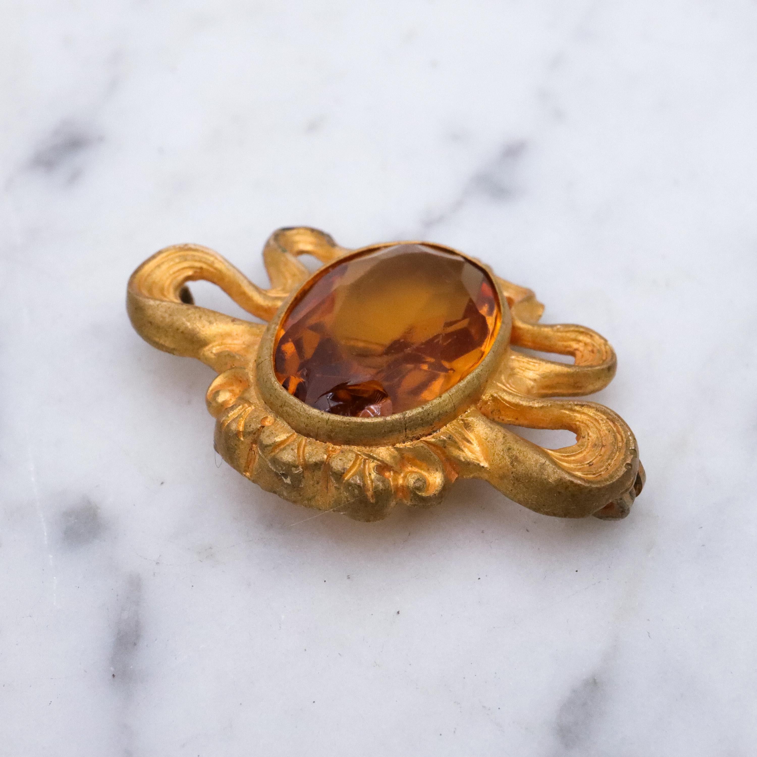 Antique Art Nouveau gilt metal citrine glass sash brooch