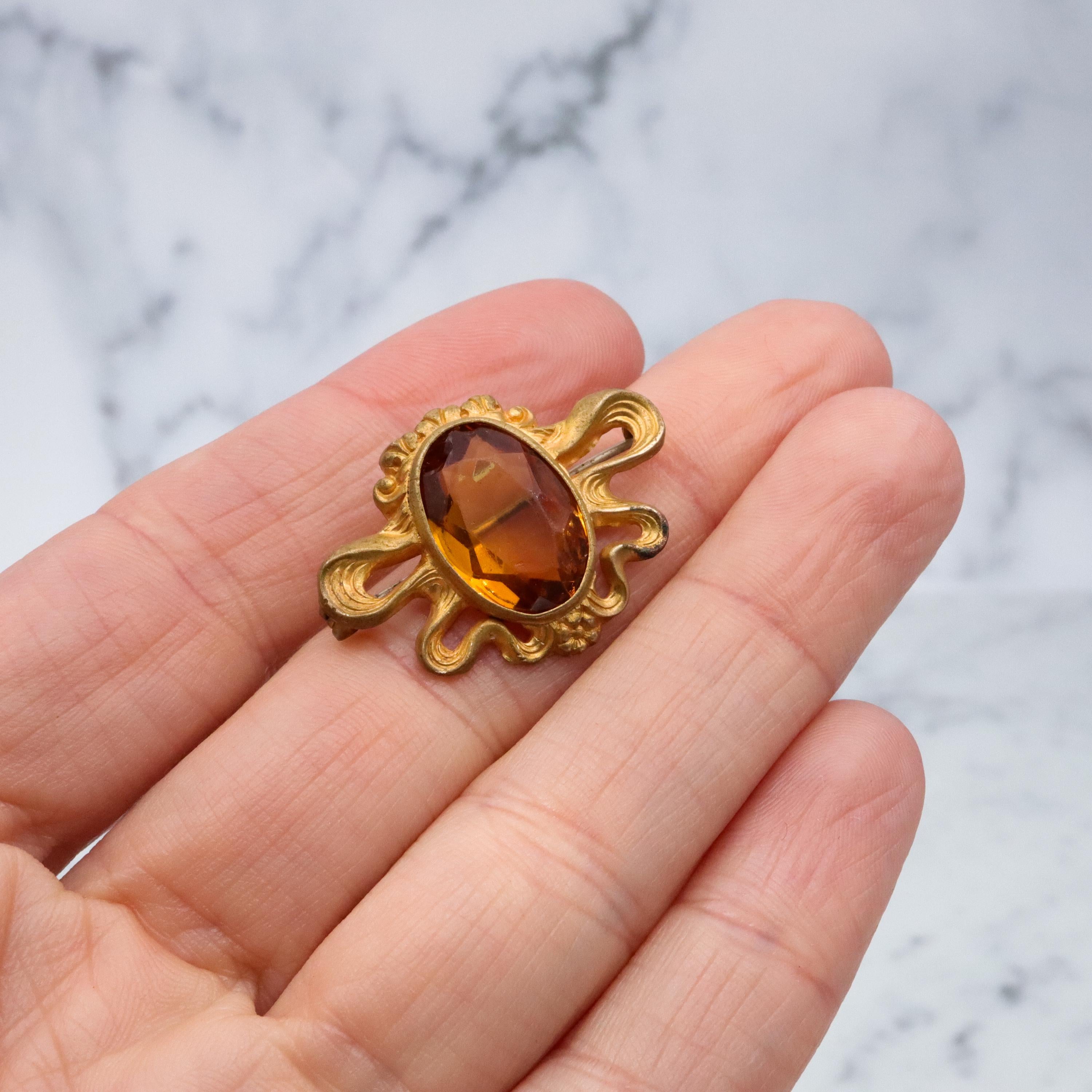 Antique Art Nouveau gilt metal citrine glass sash brooch