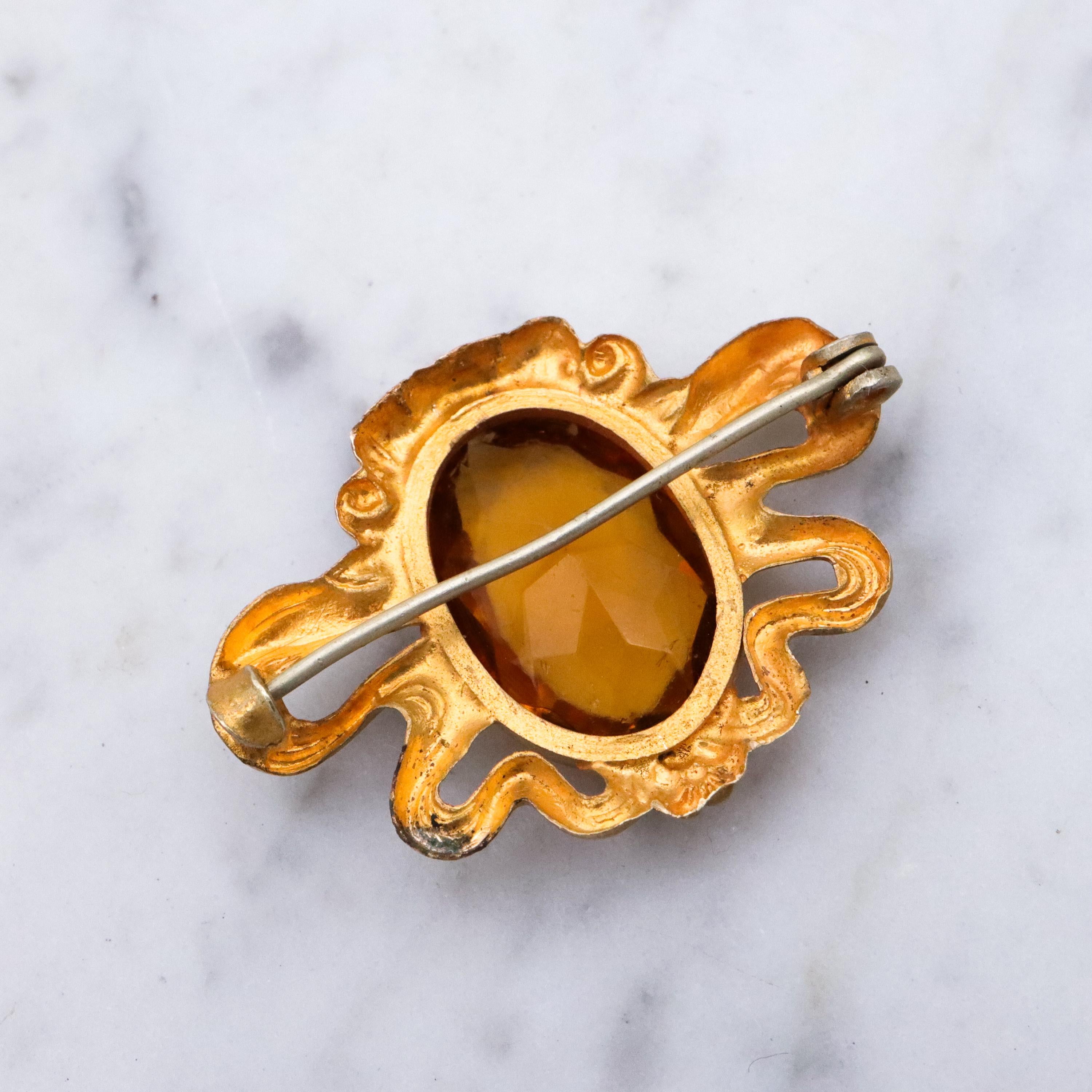 Antique Art Nouveau gilt metal citrine glass sash brooch