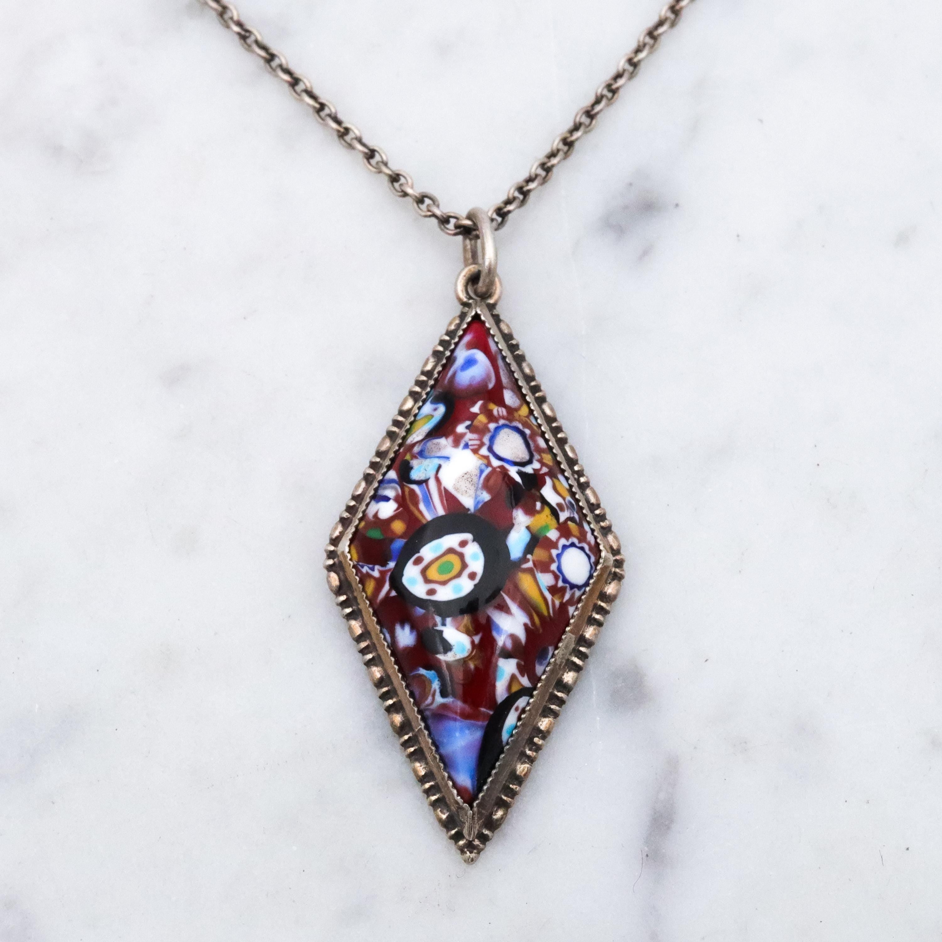 Art Deco English sterling millefiori diamond shaped pendant necklace