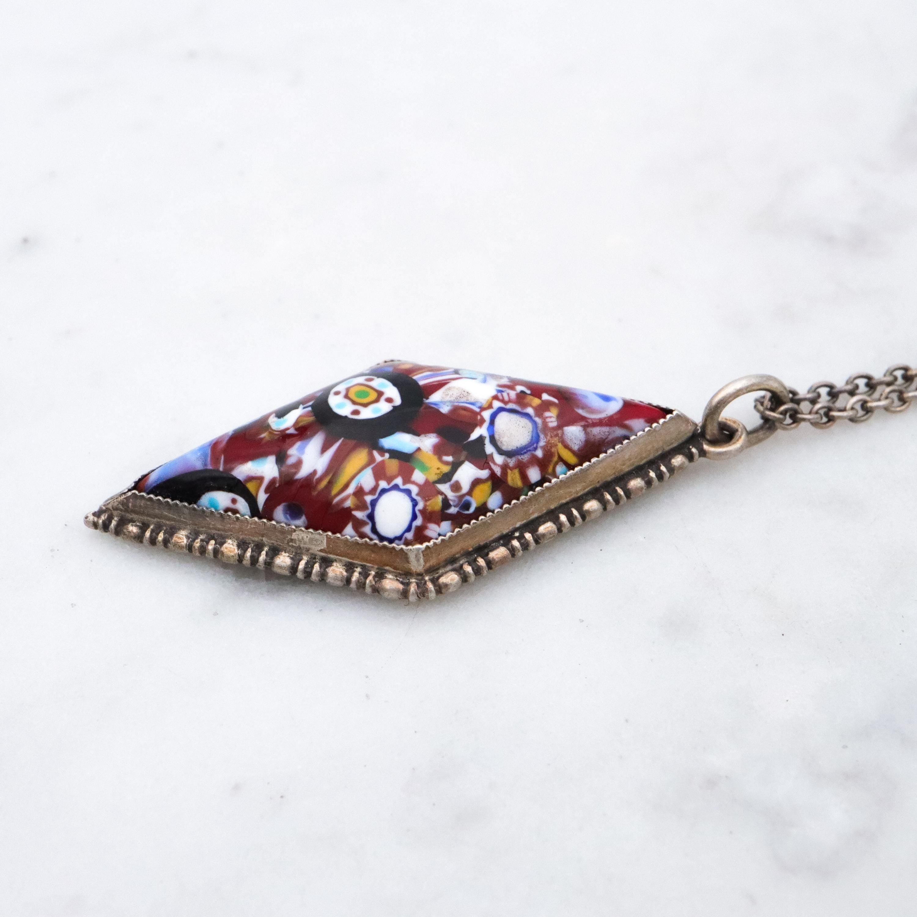 Art Deco English sterling millefiori diamond shaped pendant necklace