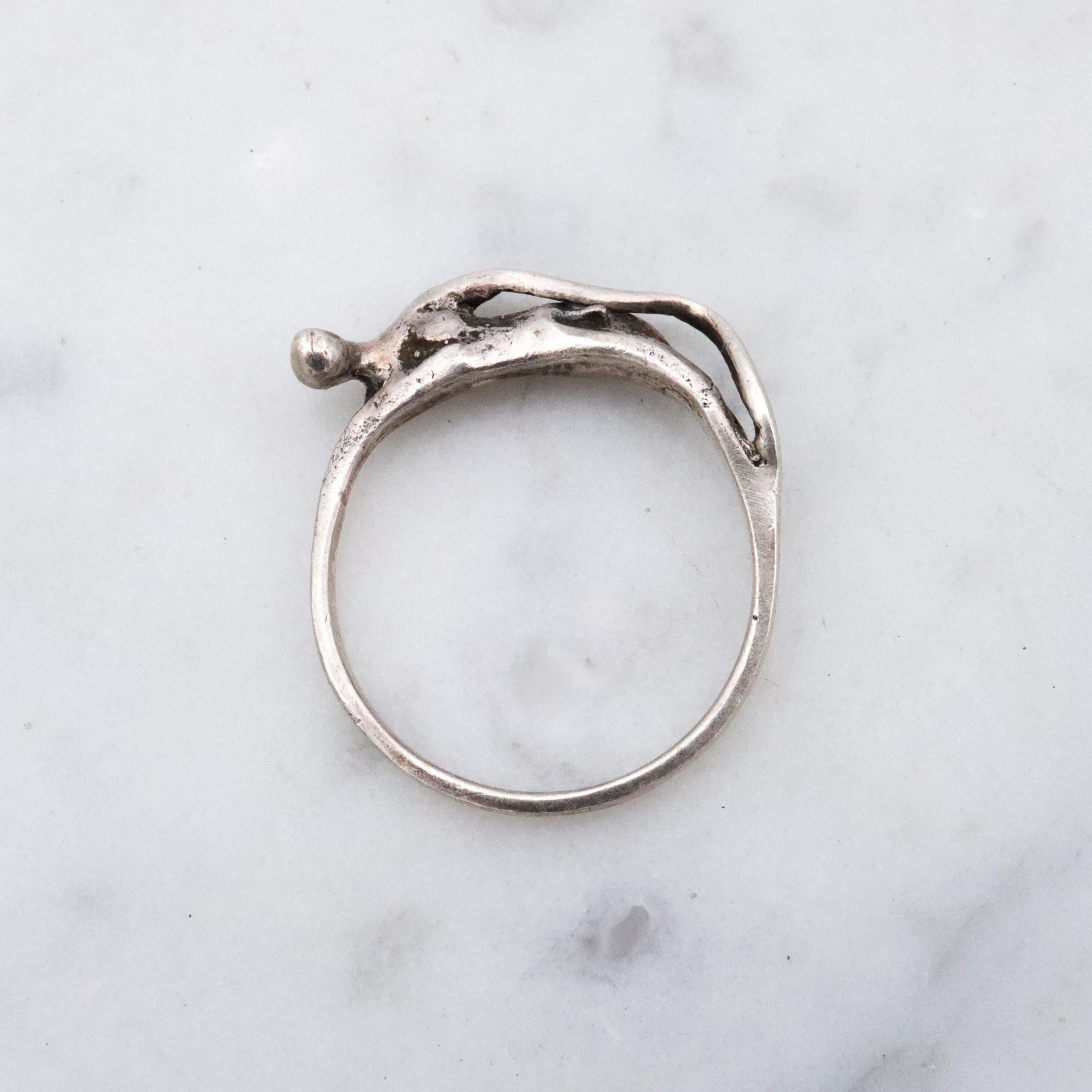 Vintage stylized reclining nude handmade sterling ring, size 3.75