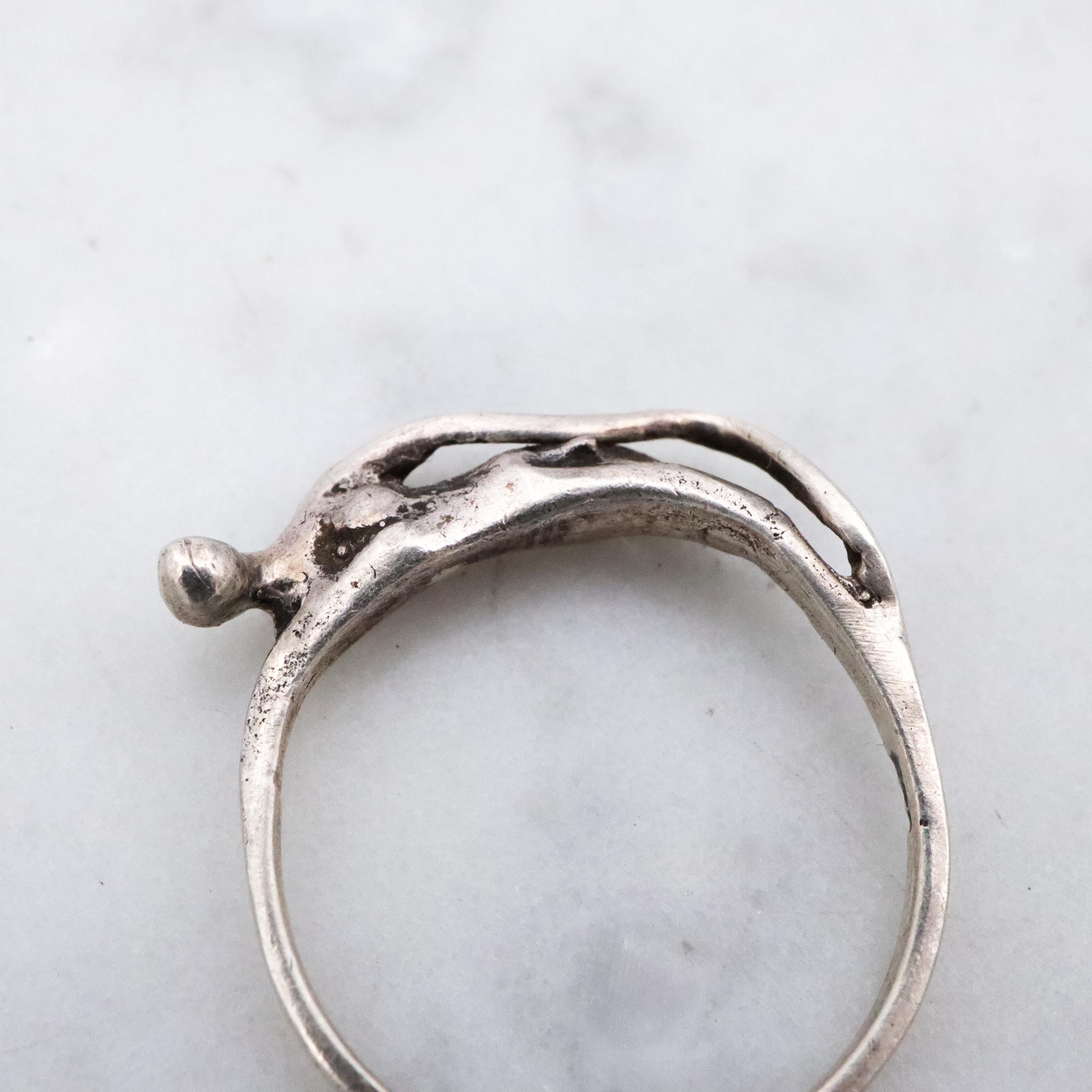 Vintage stylized reclining nude handmade sterling ring, size 3.75