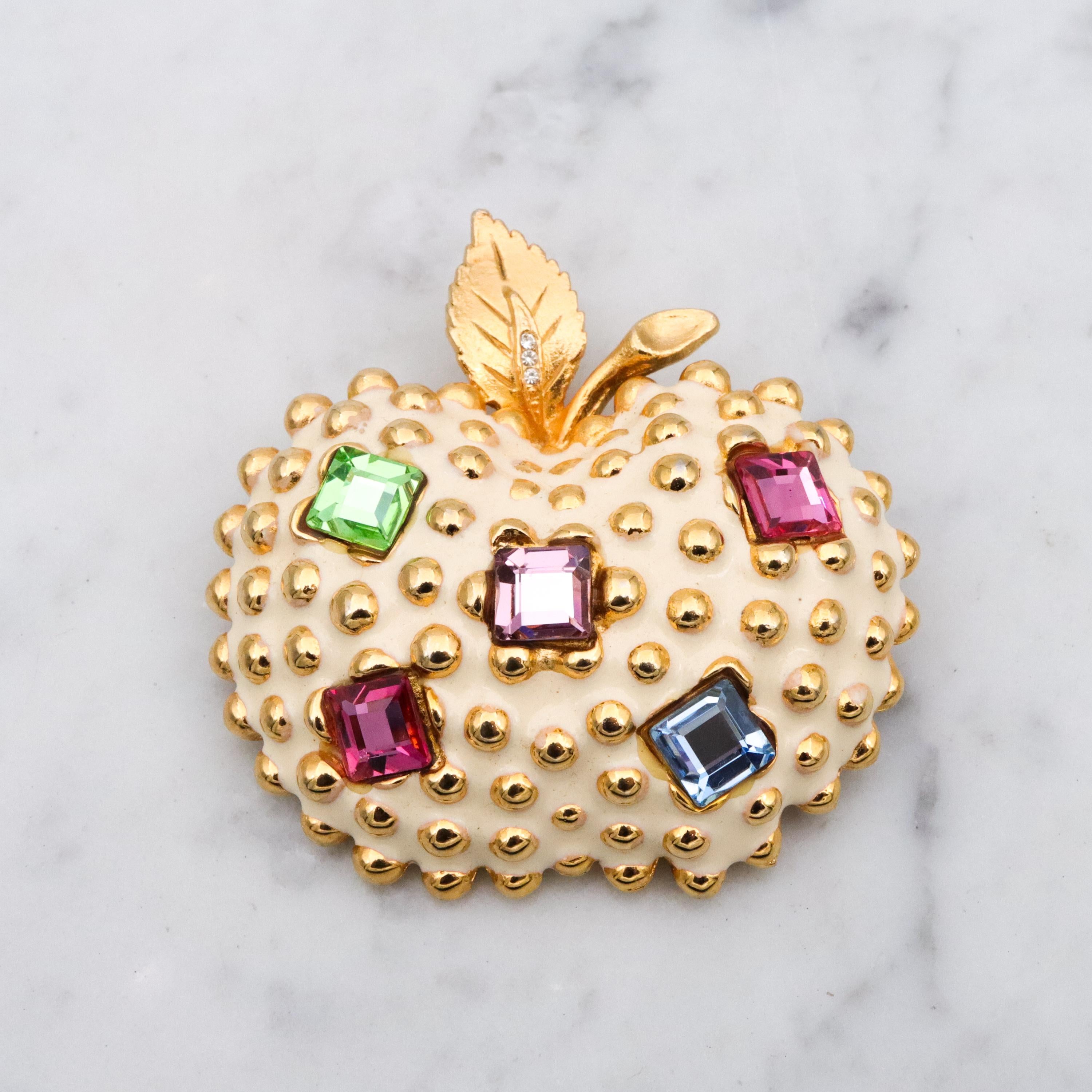 Mid Century Gem-Craft ivory enamel jeweled apple brooch