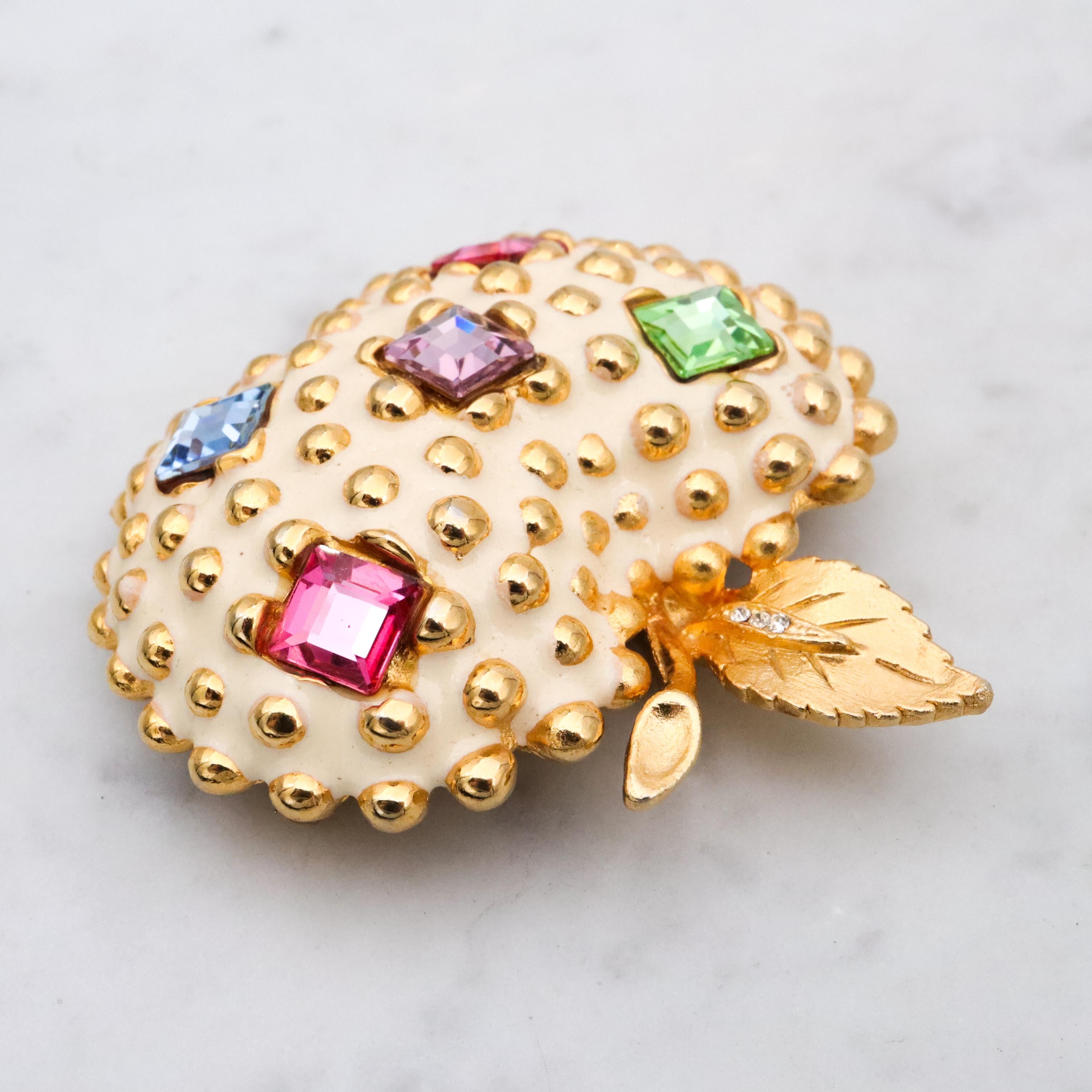 Mid Century Gem-Craft ivory enamel jeweled apple brooch