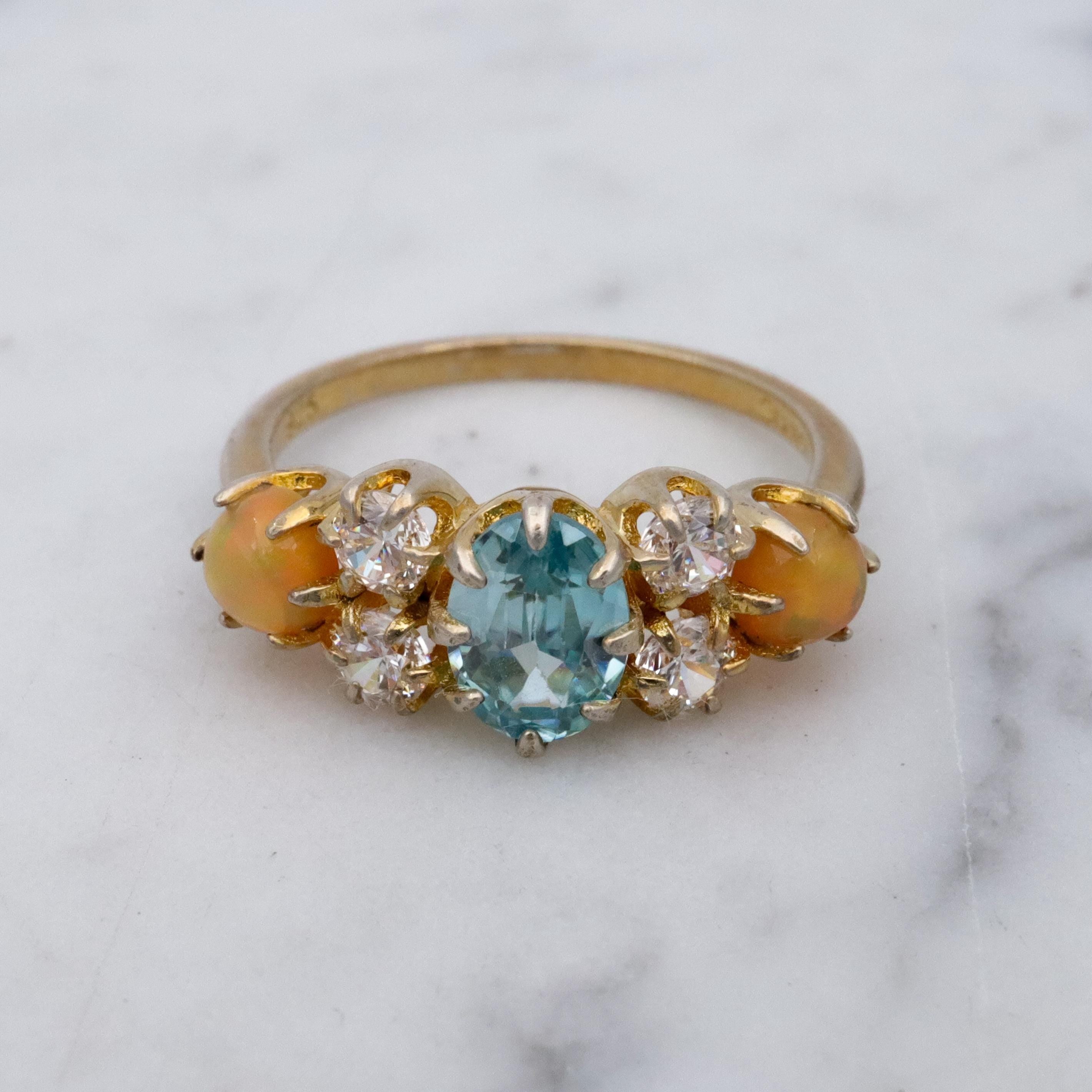 Stauer gold plated sterling blue topaz, fire opal, & cz cocktail ring, sz 6