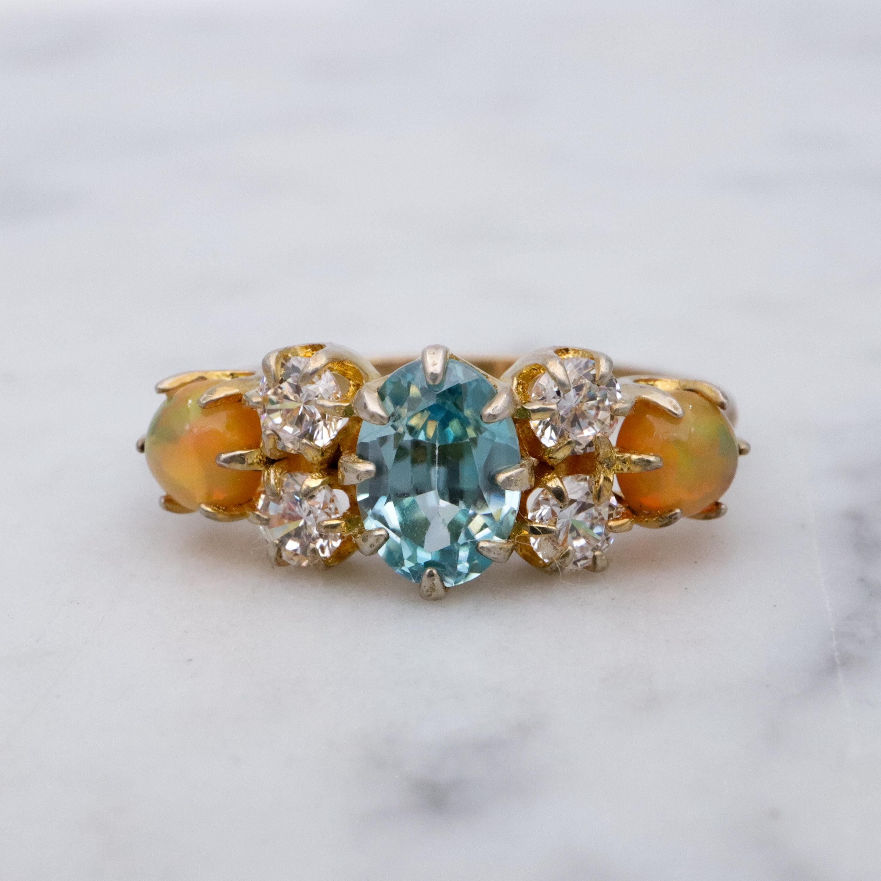 Stauer gold plated sterling blue topaz, fire opal, & cz cocktail ring, sz 6