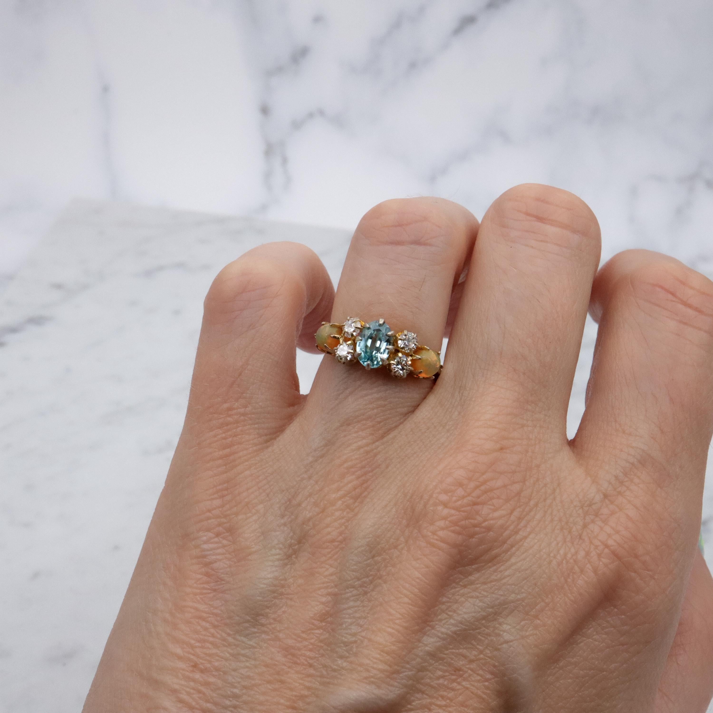 Stauer gold plated sterling blue topaz, fire opal, & cz cocktail ring, sz 6
