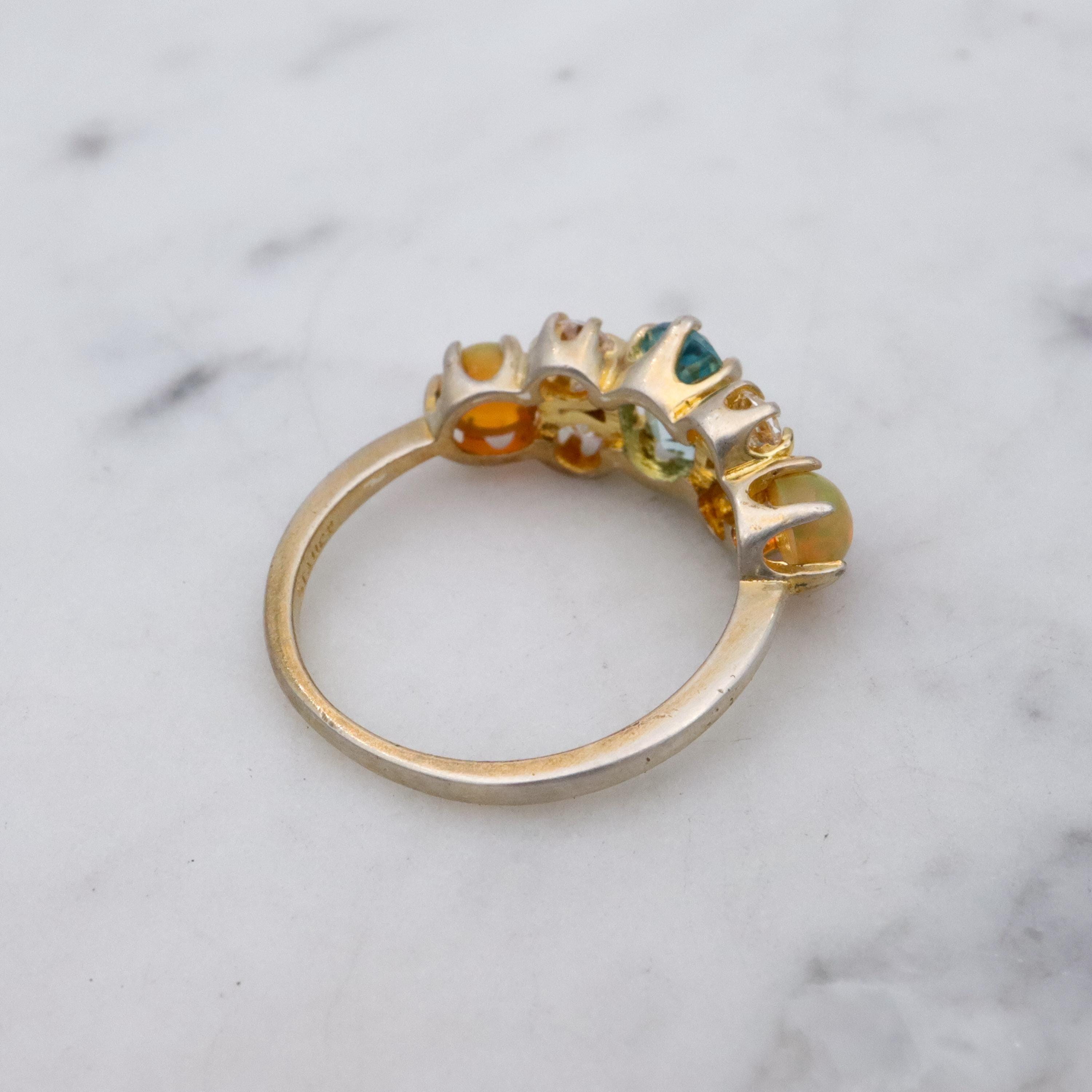 Stauer gold plated sterling blue topaz, fire opal, & cz cocktail ring, sz 6