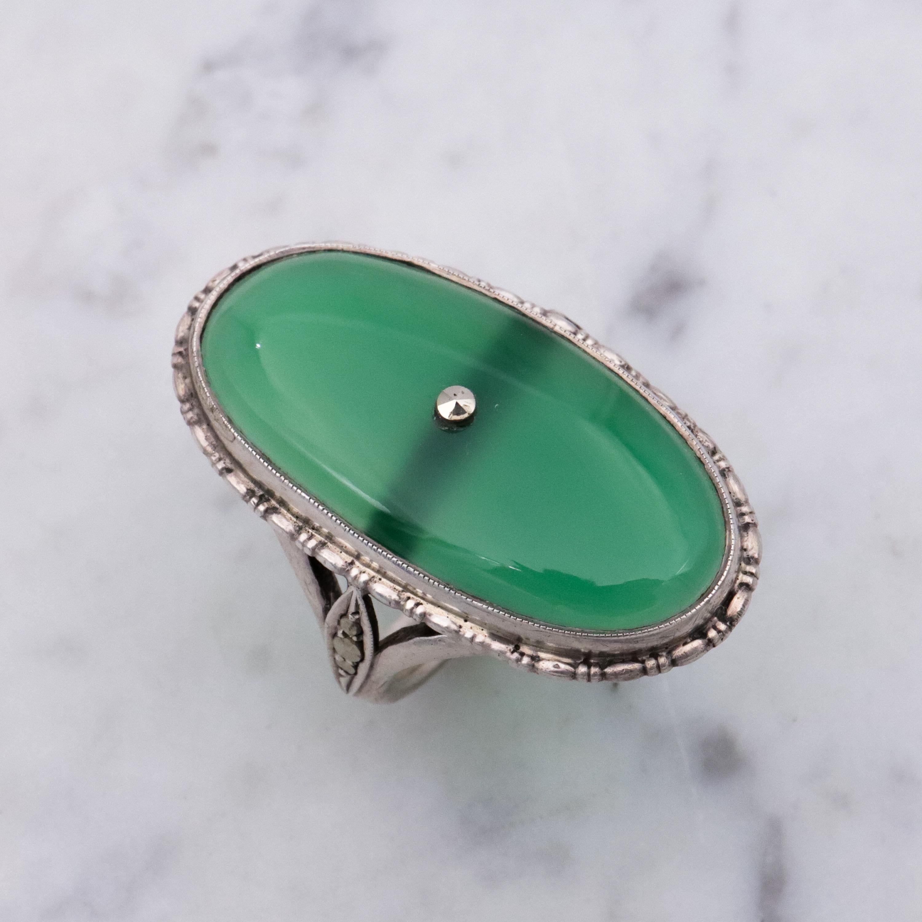 Antique German Art Deco chrysoprase & marcasite 935 silver navette ring, sz 7