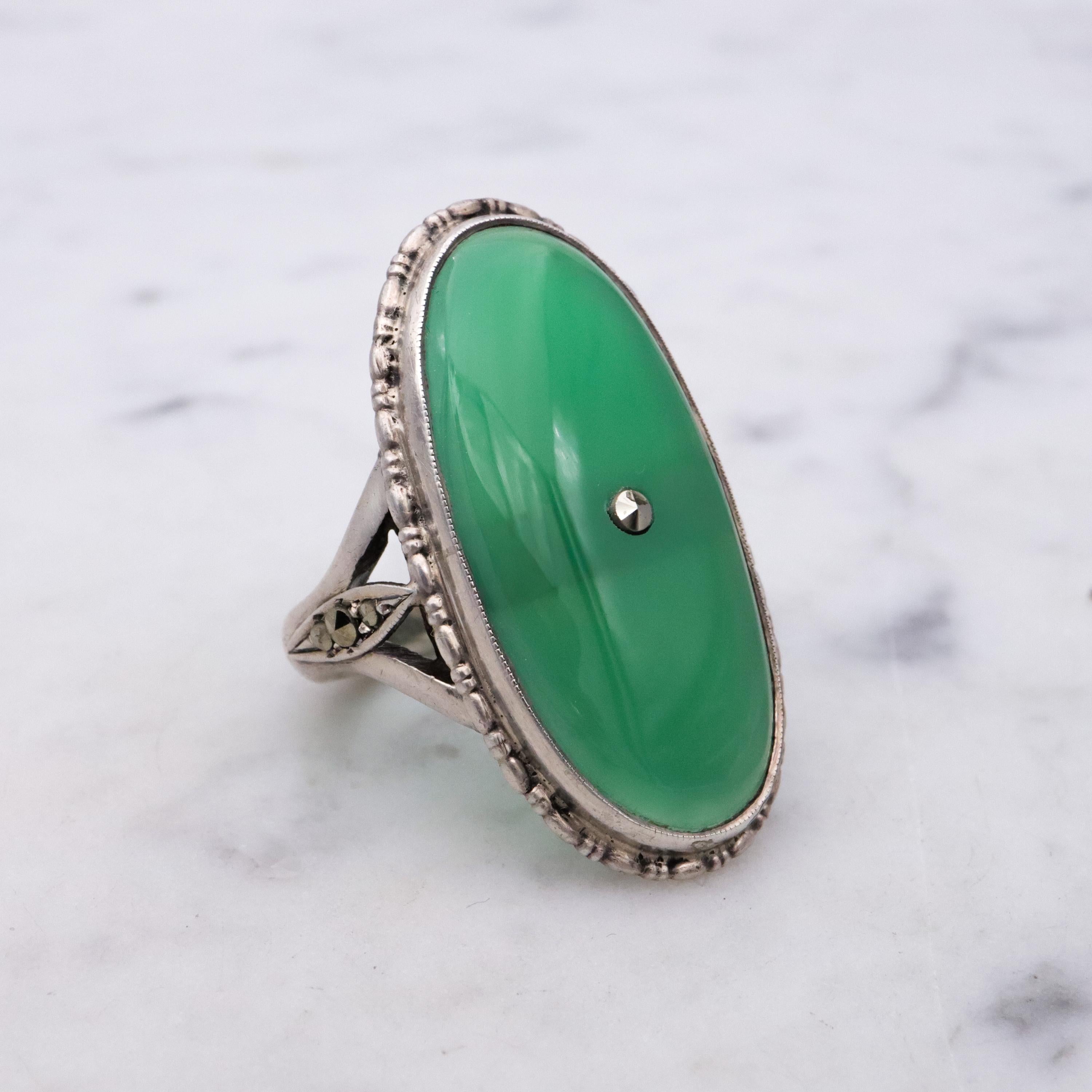 Antique German Art Deco chrysoprase & marcasite 935 silver navette ring, sz 7