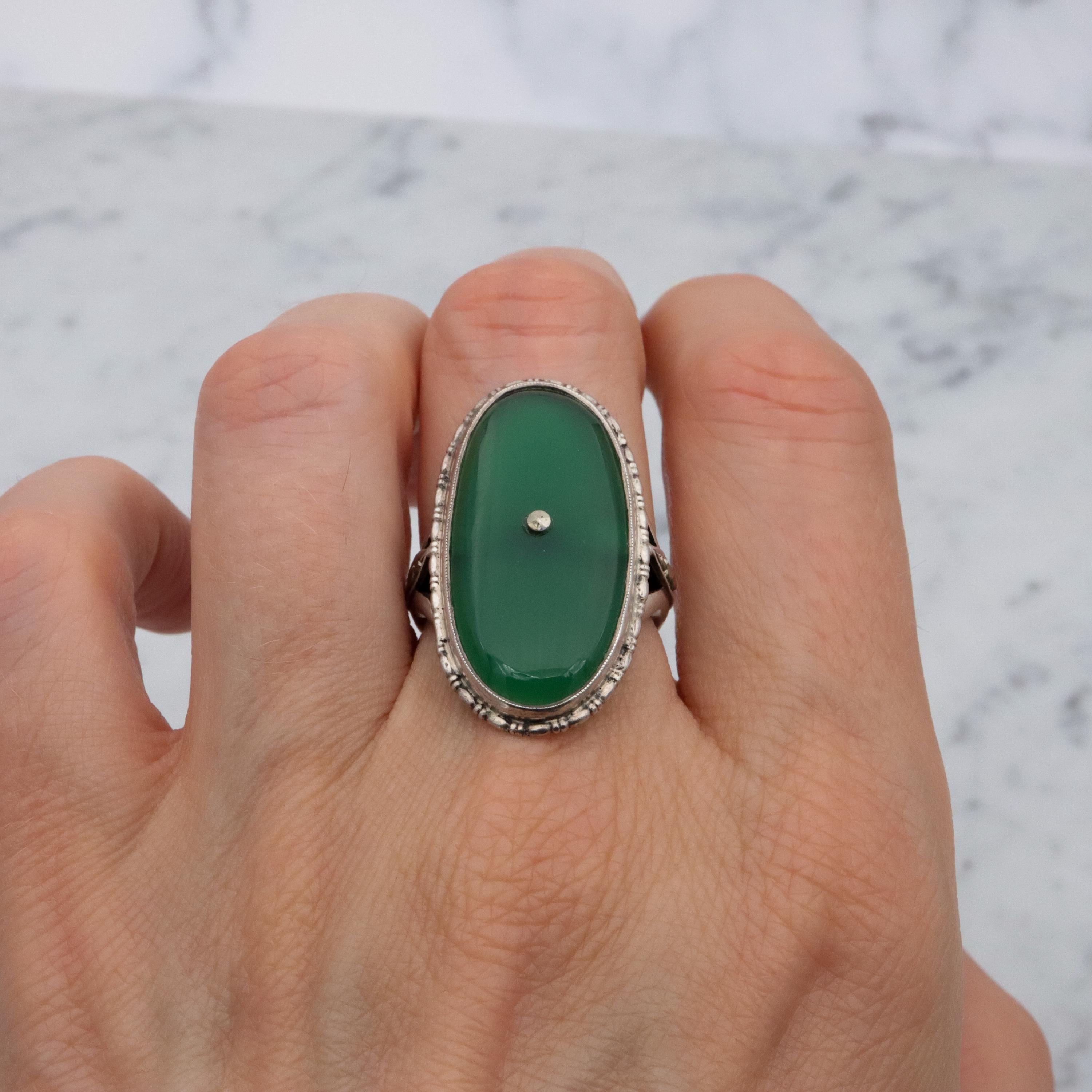 Antique German Art Deco chrysoprase & marcasite 935 silver navette ring, sz 7