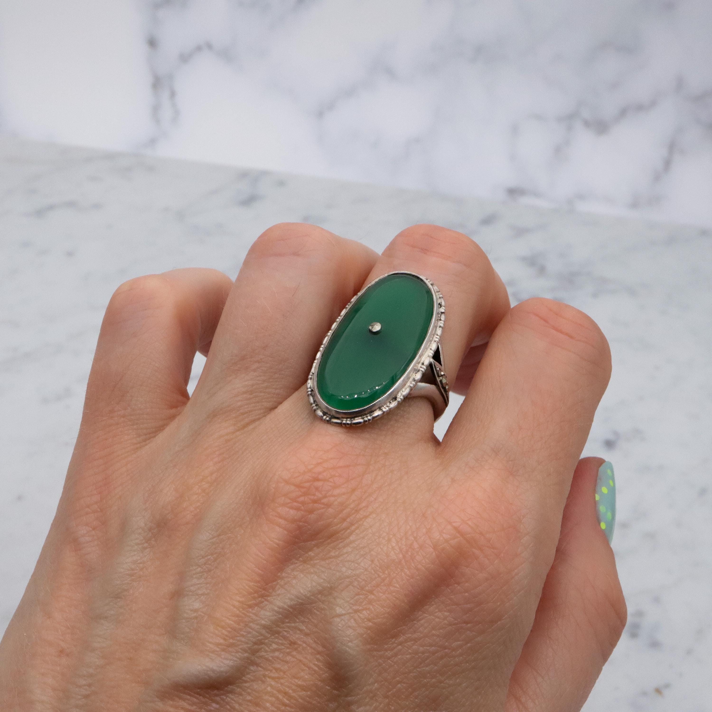 Antique German Art Deco chrysoprase & marcasite 935 silver navette ring, sz 7