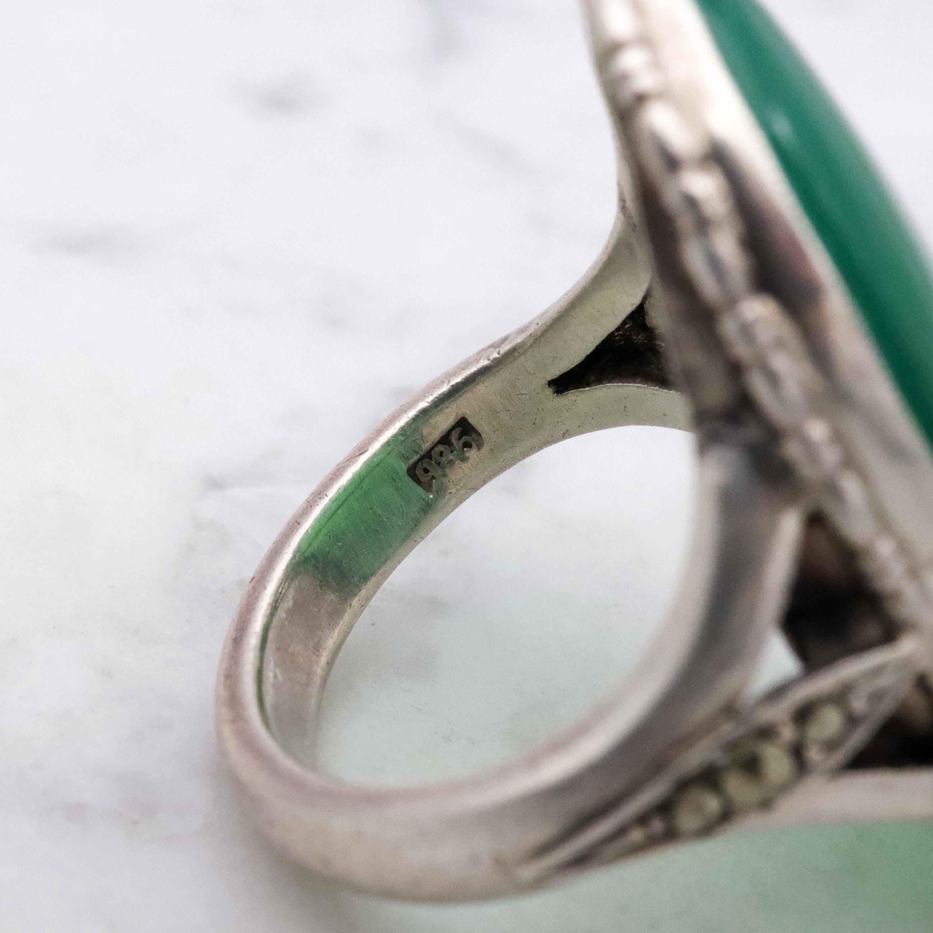 Antique German Art Deco chrysoprase & marcasite 935 silver navette ring, sz 7