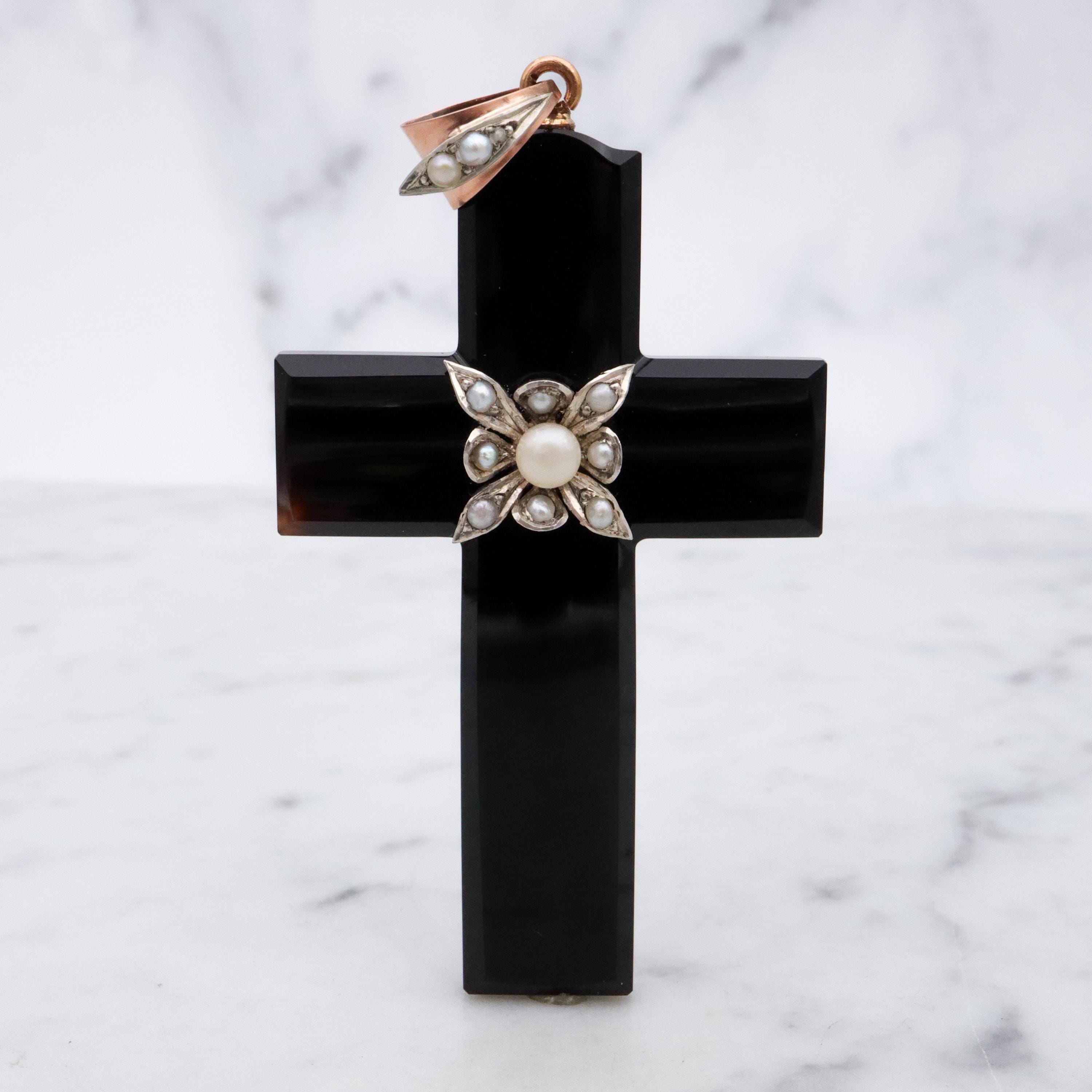 Antique Victorian 14k gold & silver carved black agate cross mourning pendant
