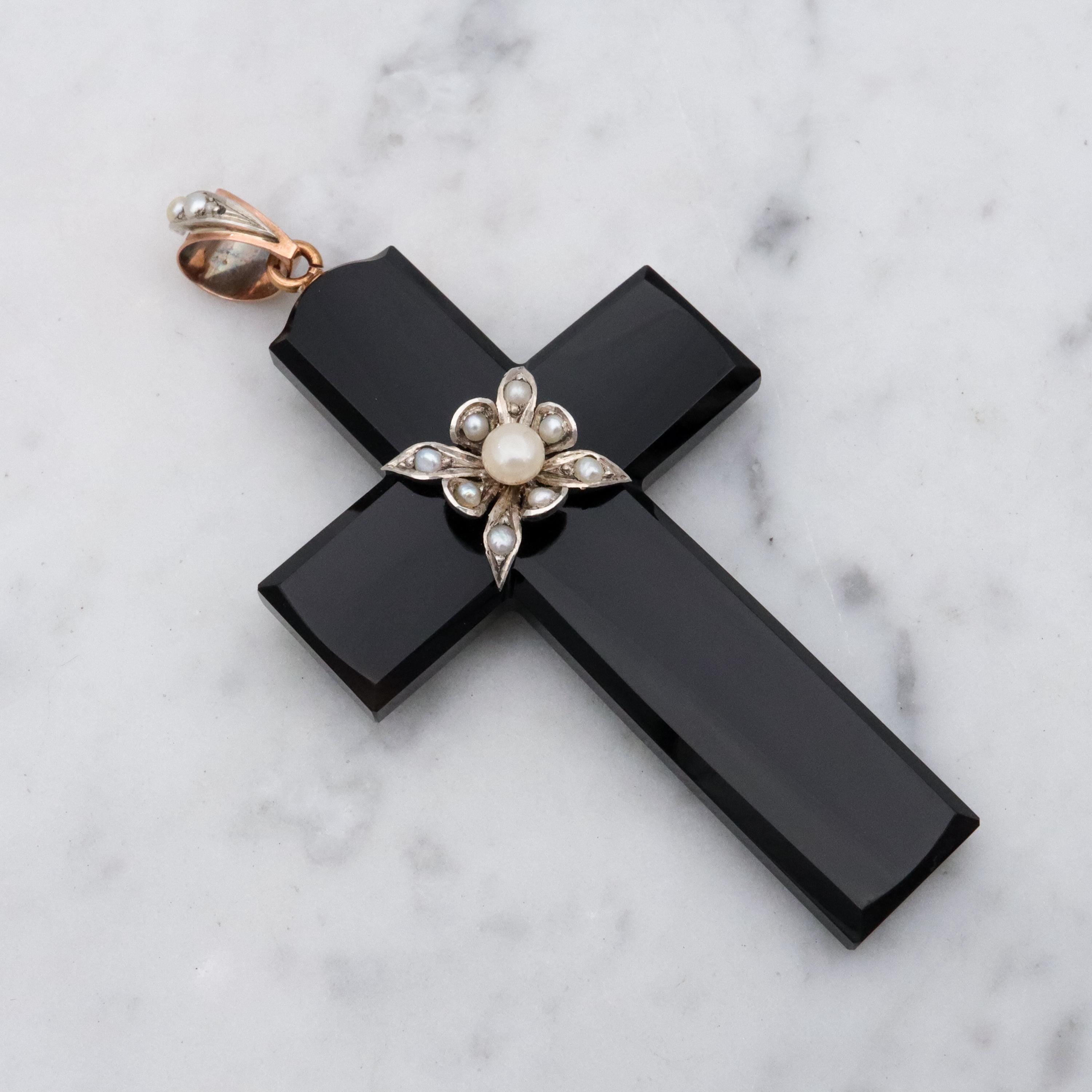 Antique Victorian 14k gold & silver carved black agate cross mourning pendant