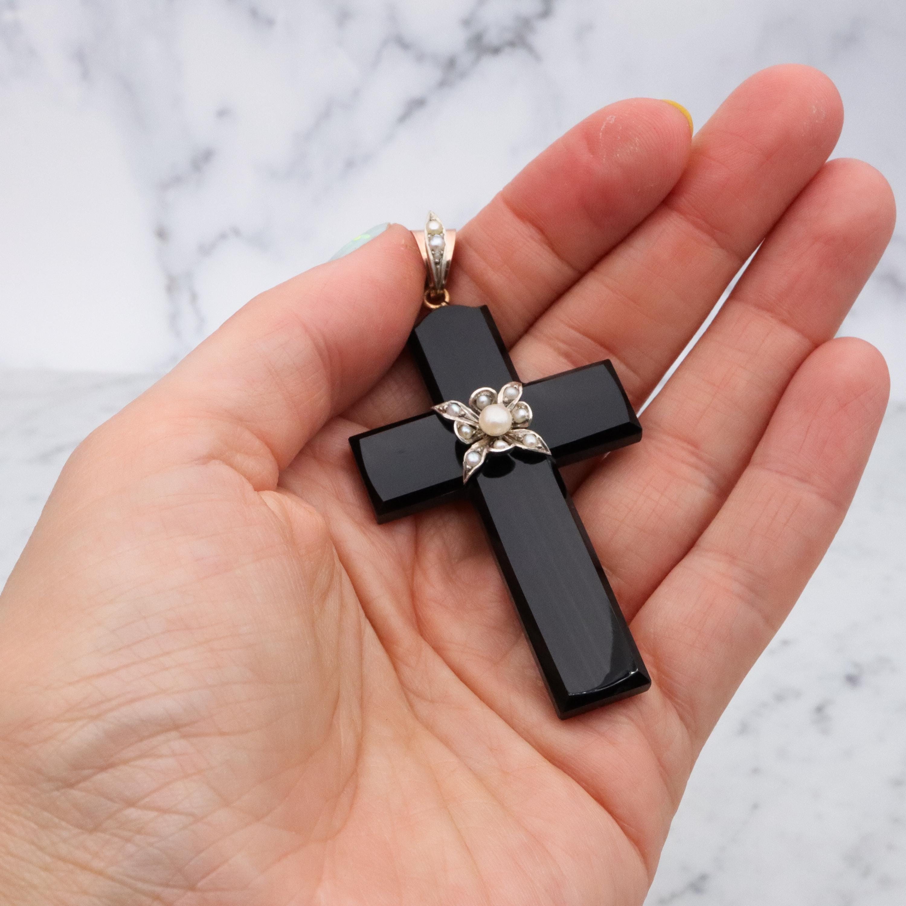 Antique Victorian 14k gold & silver carved black agate cross mourning pendant