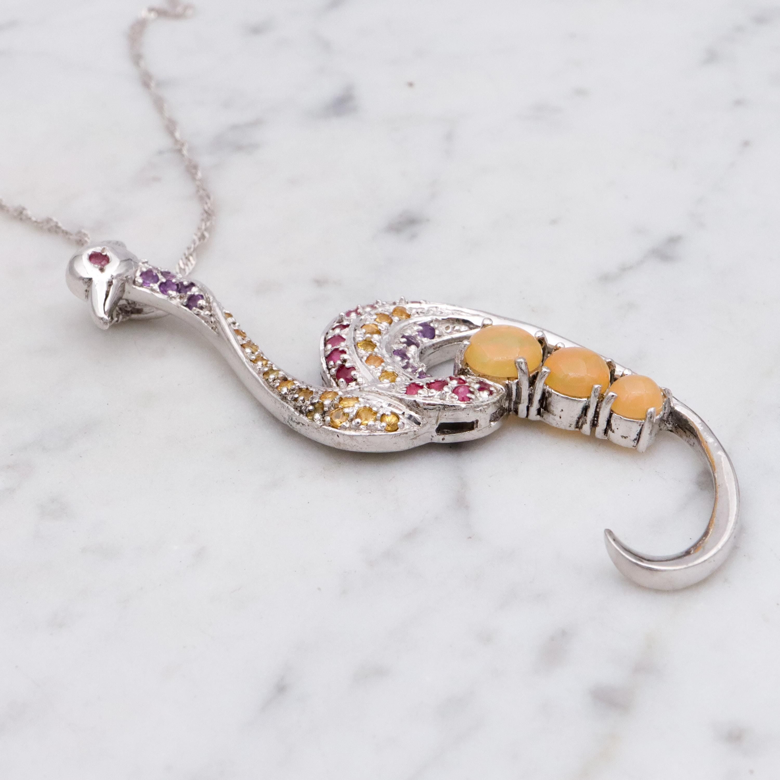 Vintage sterling peacock ruby, citrine, amethyst, opal pendant on singapore chain