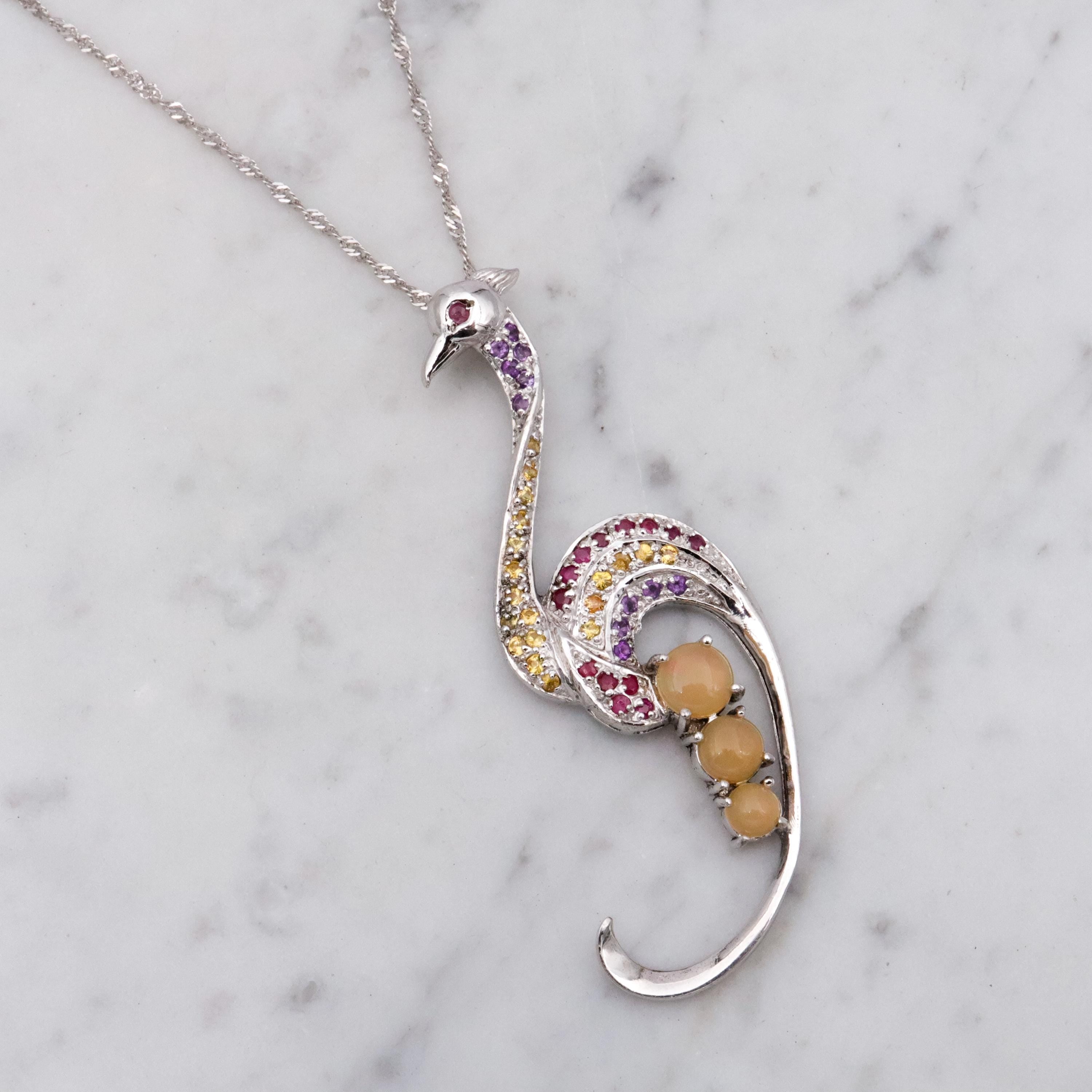 Vintage sterling peacock ruby, citrine, amethyst, opal pendant on singapore chain