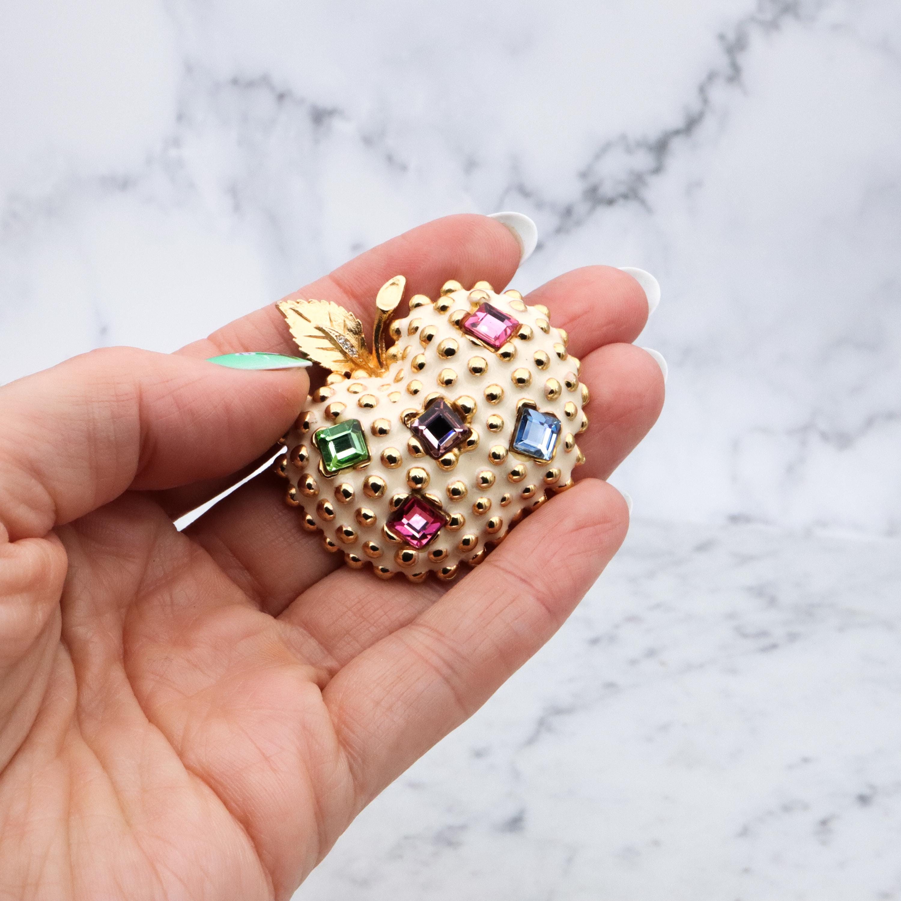 Mid Century Gem-Craft ivory enamel jeweled apple brooch