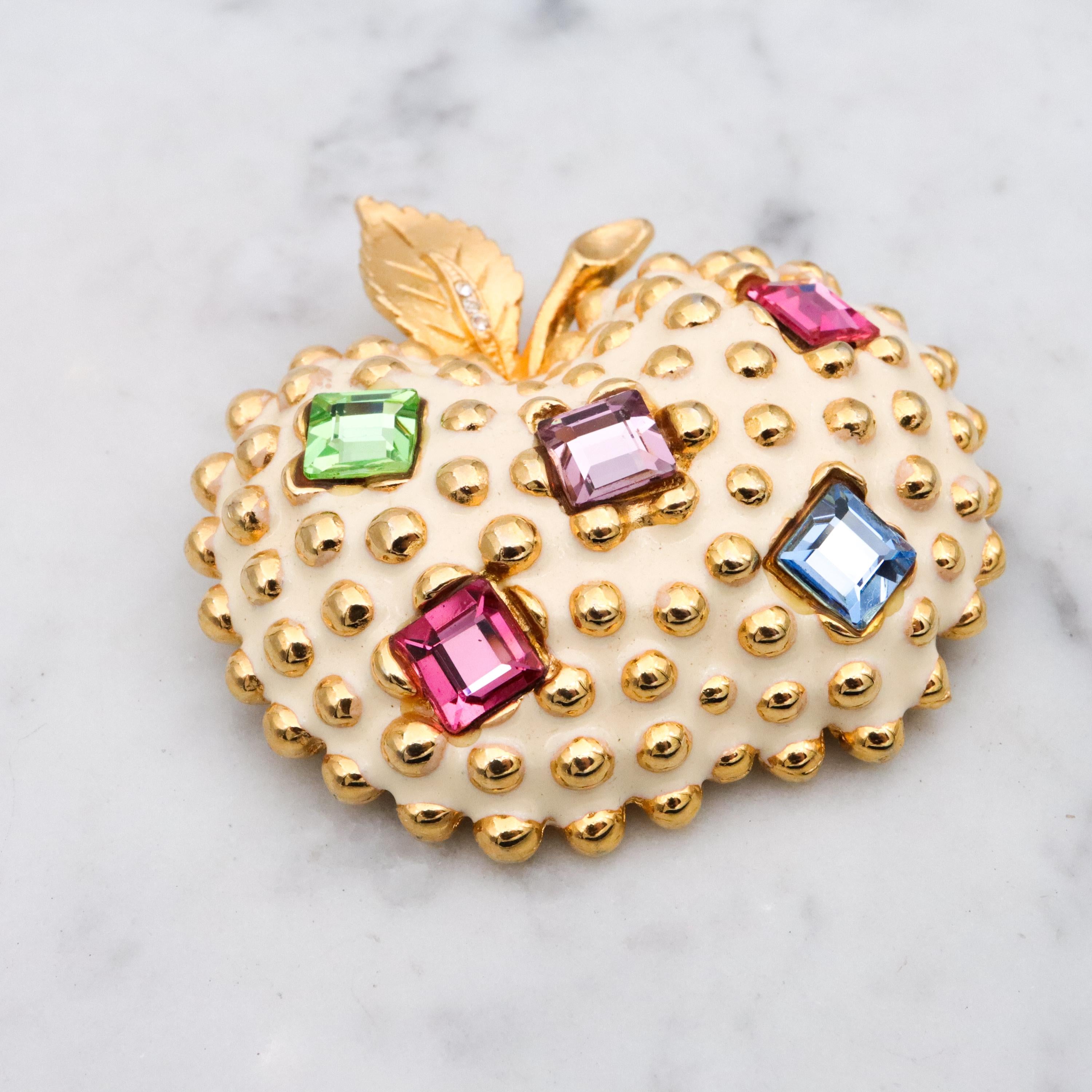 Mid Century Gem-Craft ivory enamel jeweled apple brooch