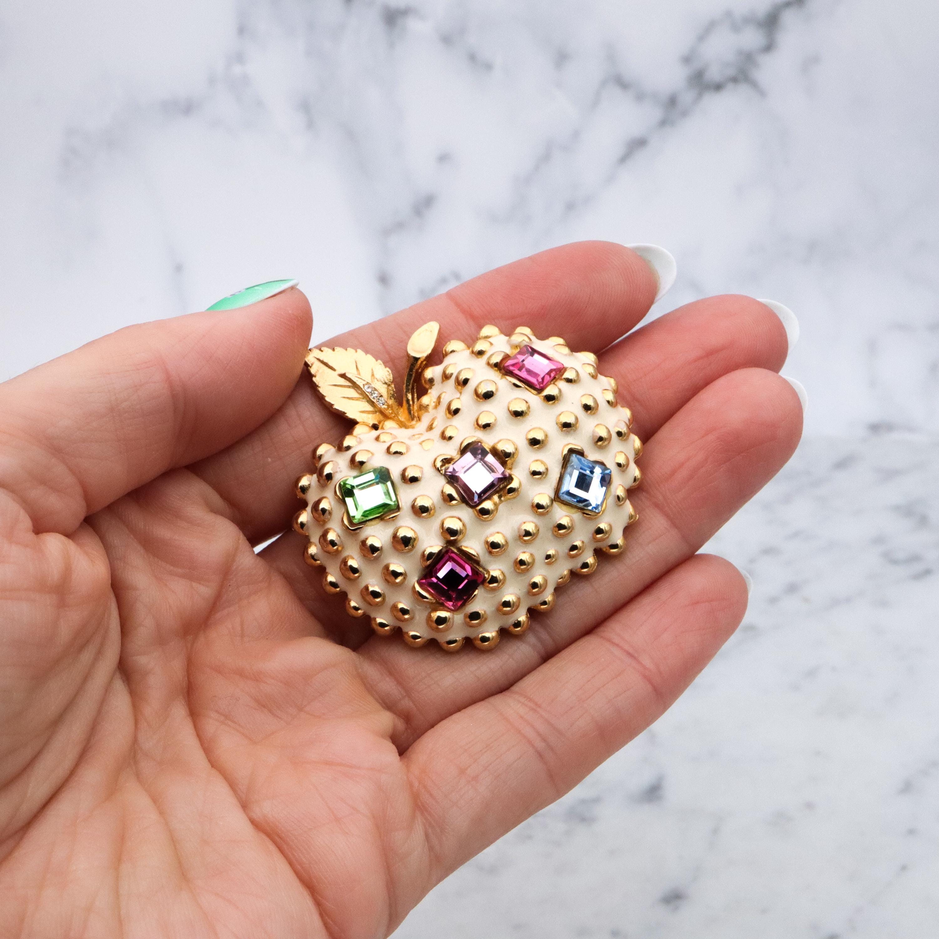 Mid Century Gem-Craft ivory enamel jeweled apple brooch