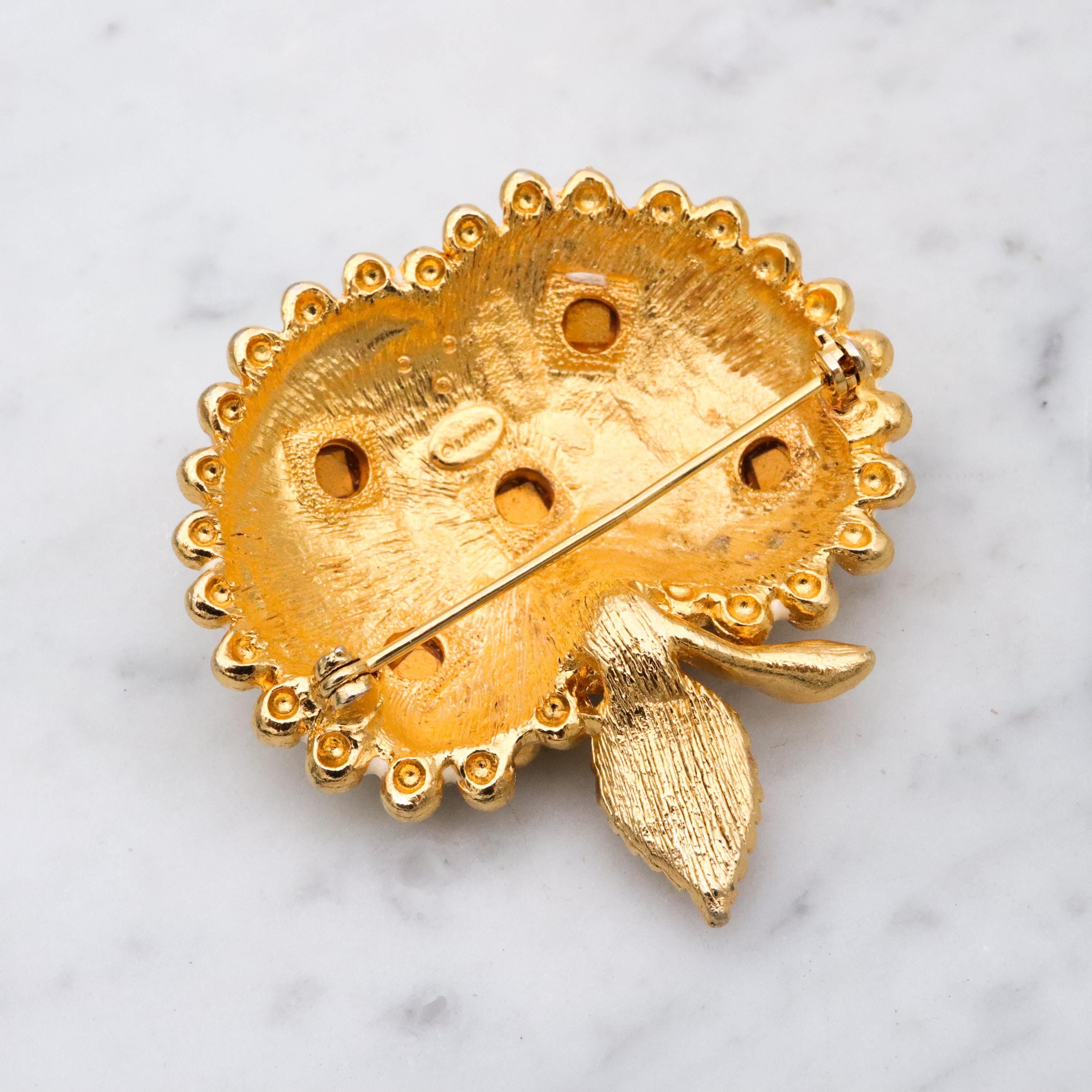 Mid Century Gem-Craft ivory enamel jeweled apple brooch