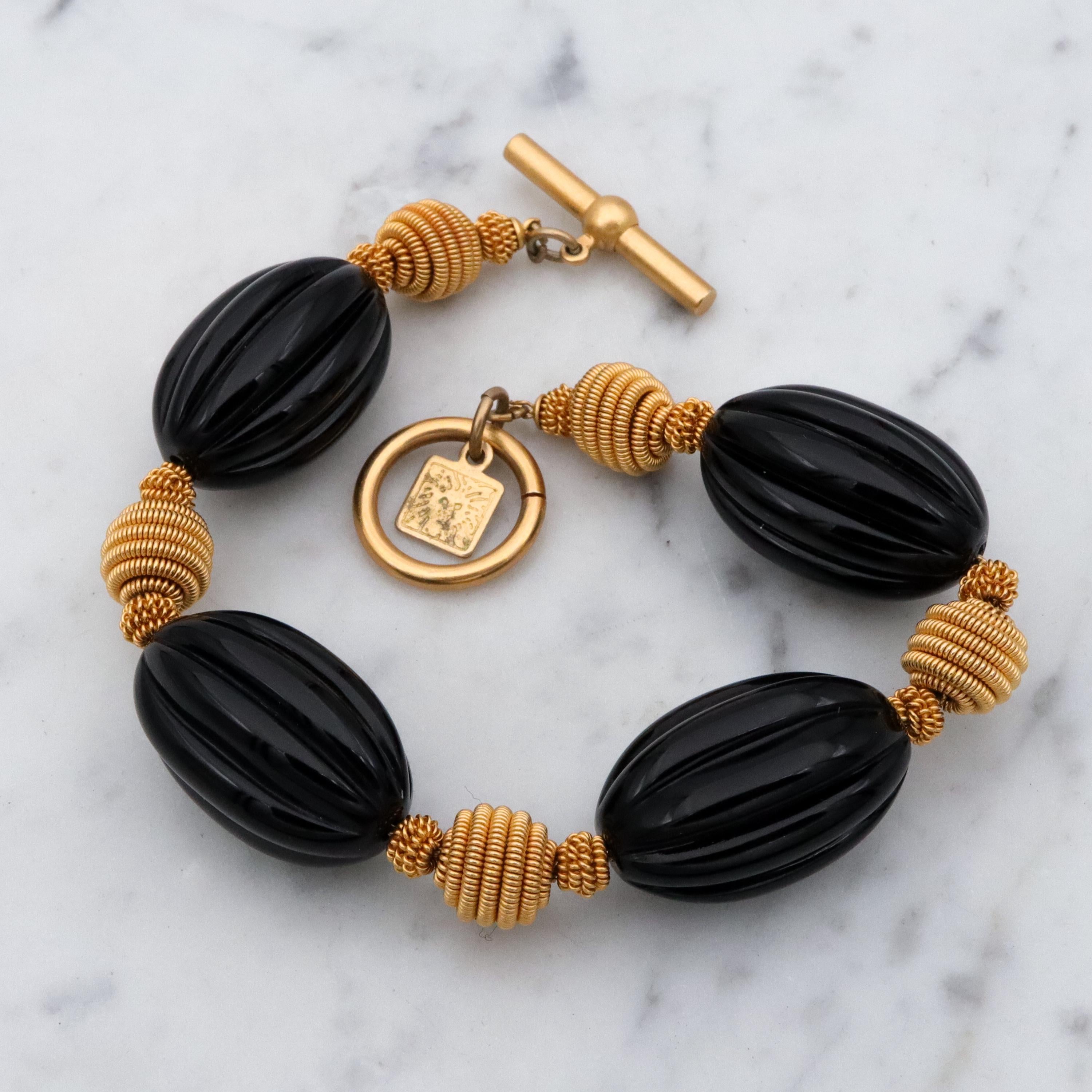 90s Anne Klein black & gold beaded bracelet w/toggle clasp