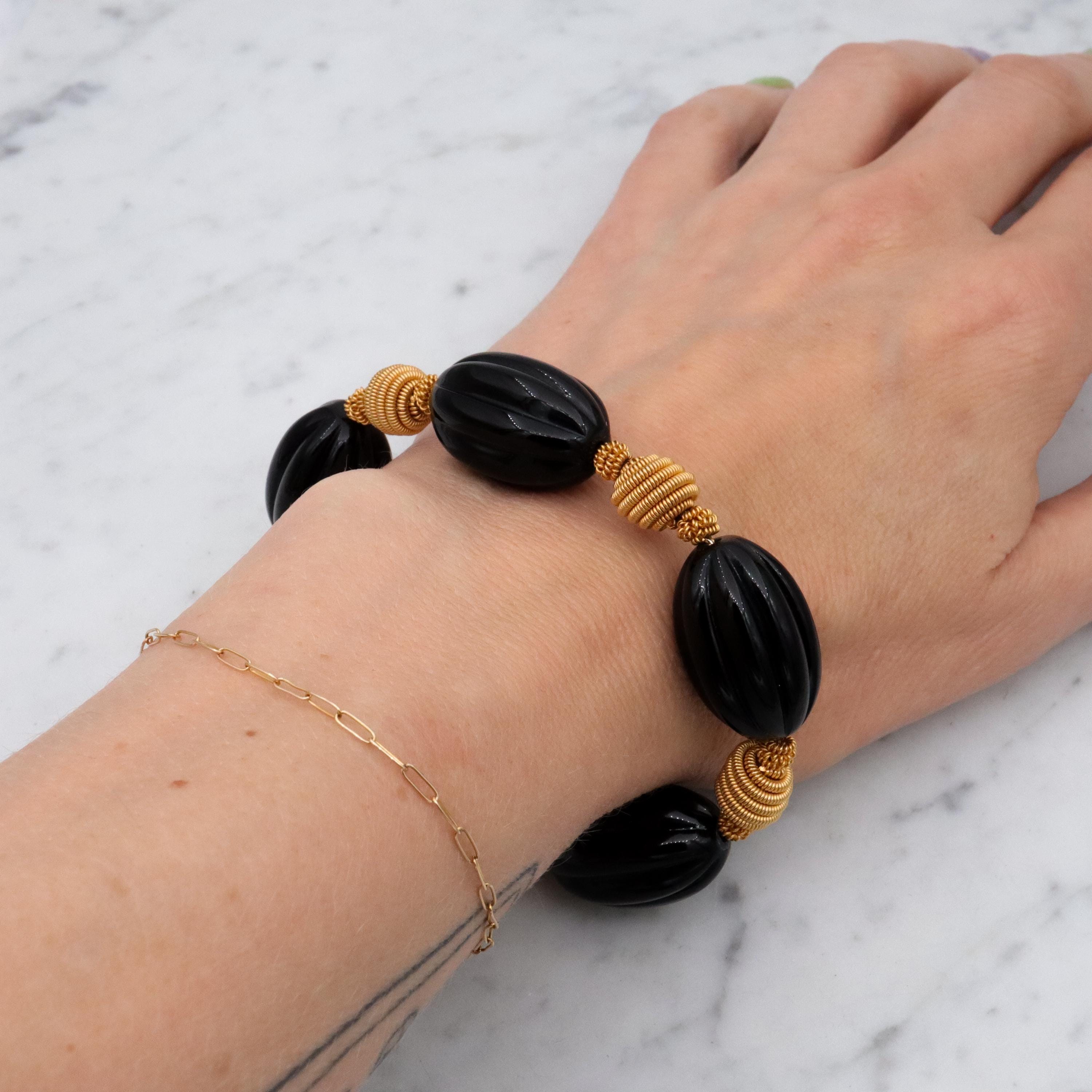 90s Anne Klein black & gold beaded bracelet w/toggle clasp