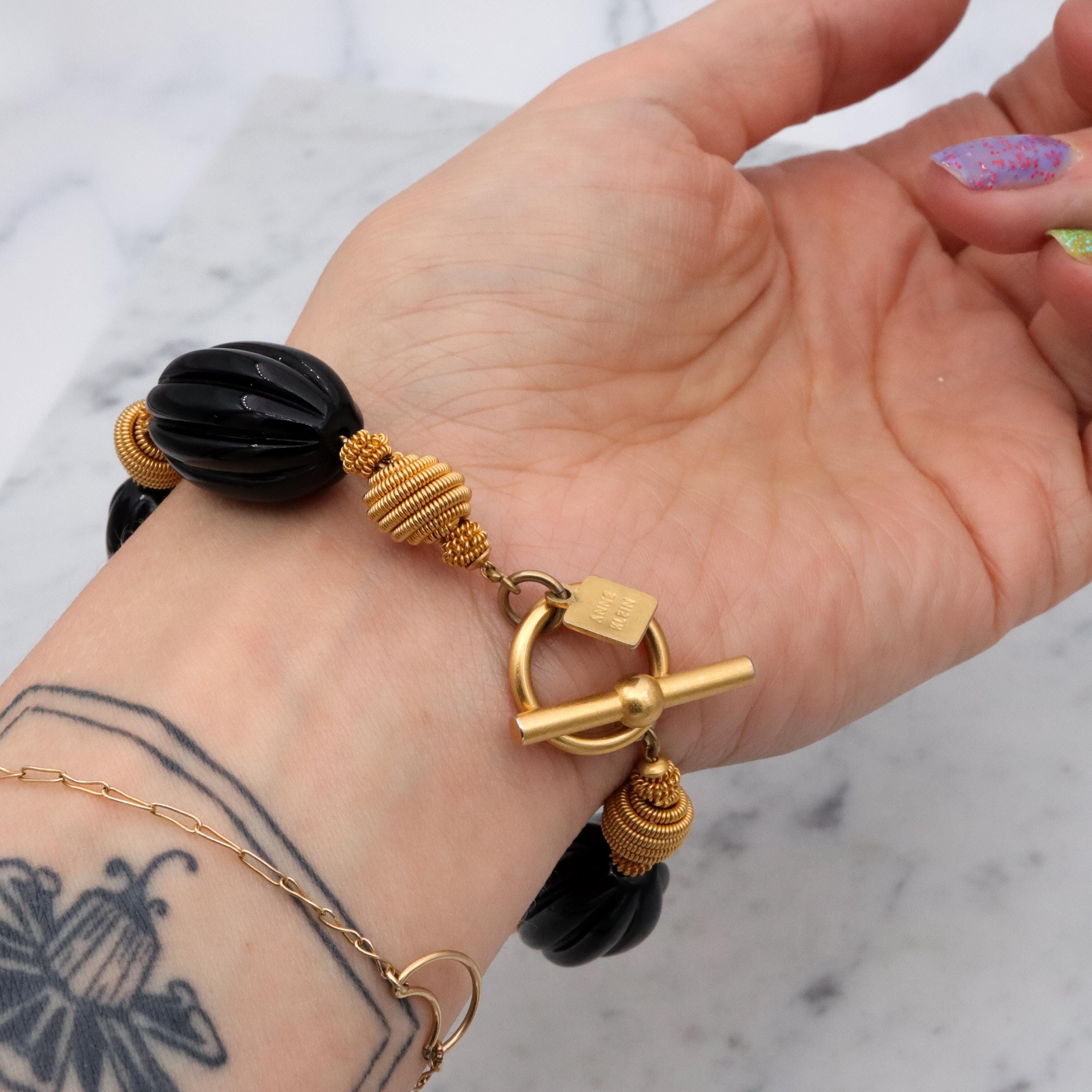 90s Anne Klein black & gold beaded bracelet w/toggle clasp