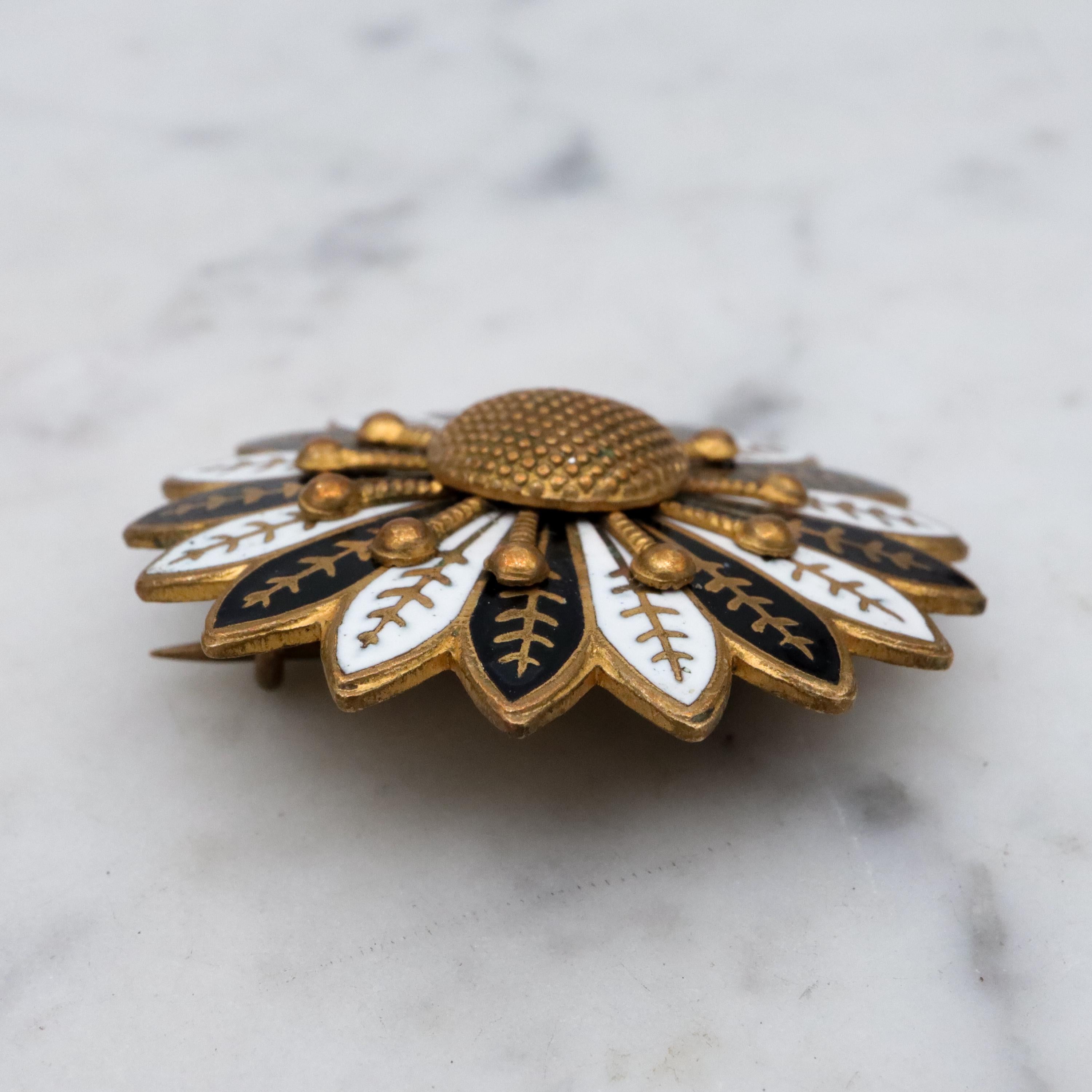 Antique brass enamel sunflower brooch
