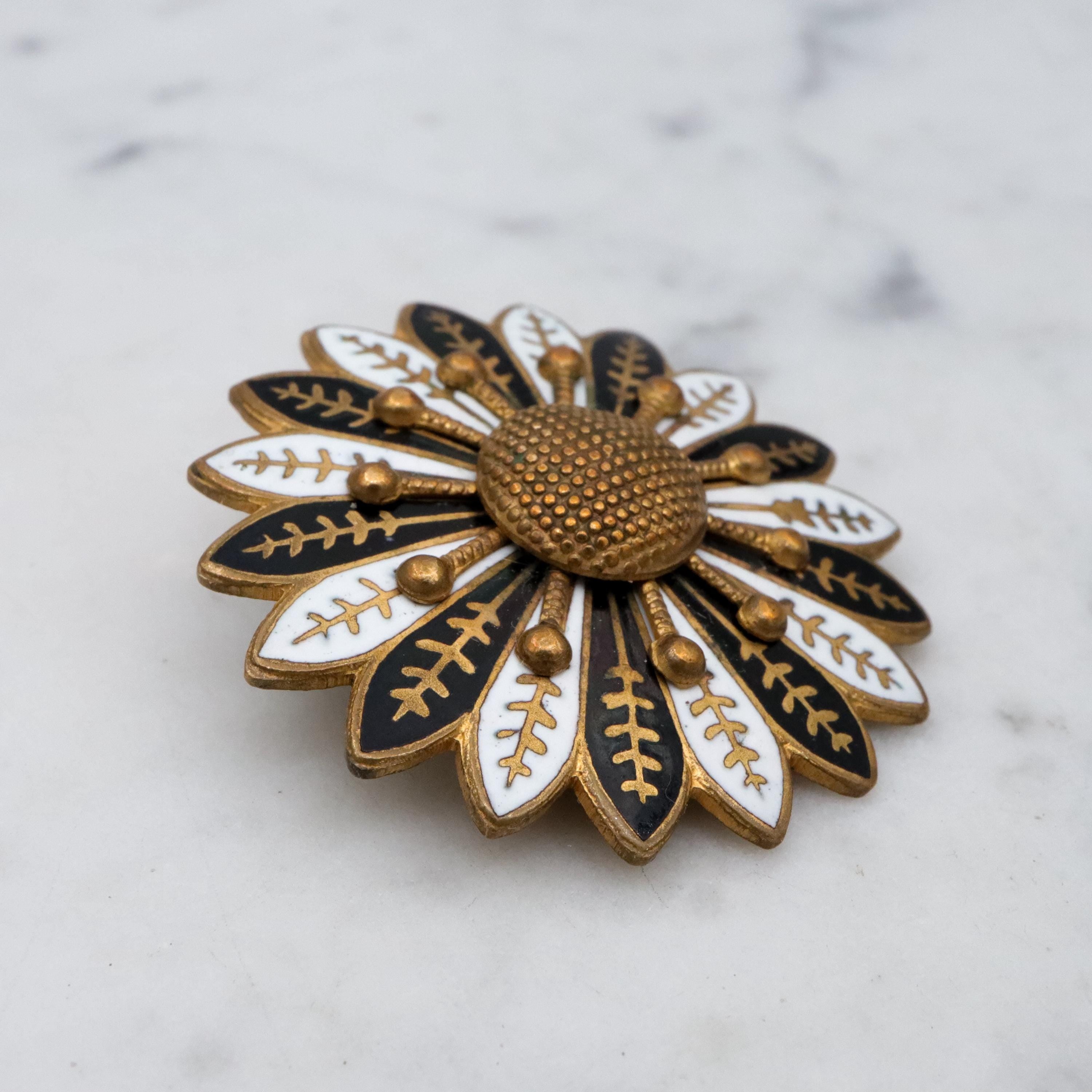 Antique brass enamel sunflower brooch