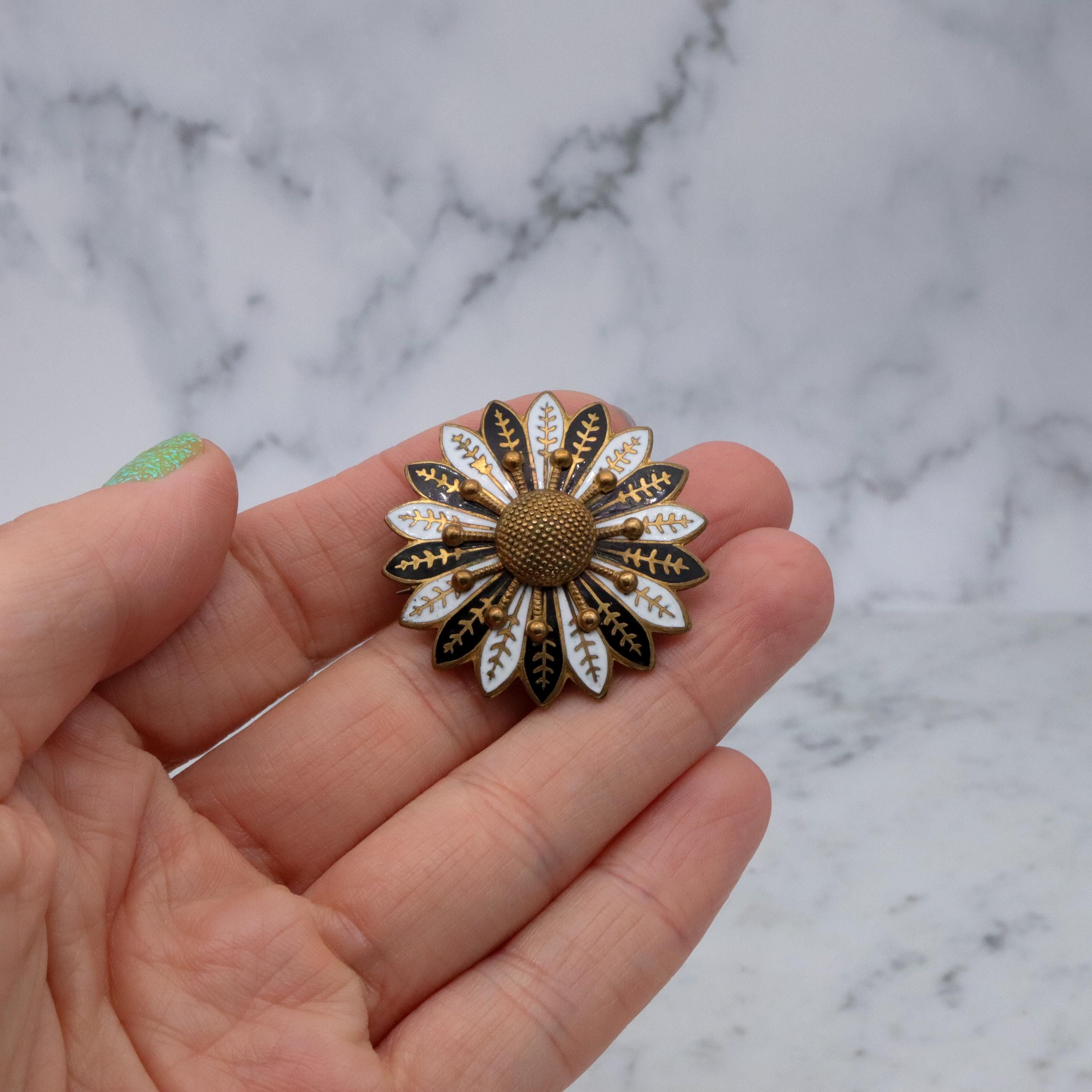 Antique brass enamel sunflower brooch