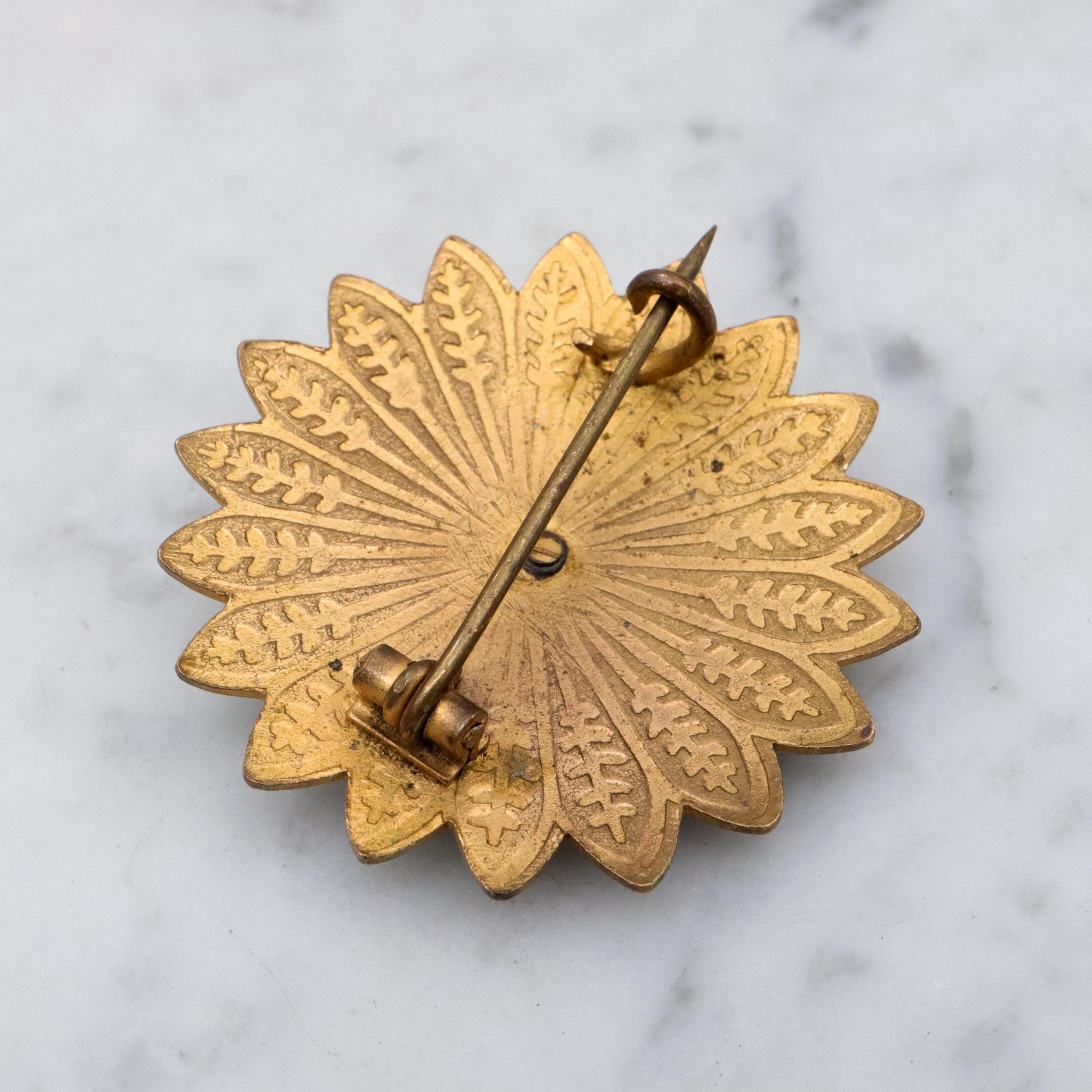 Antique brass enamel sunflower brooch