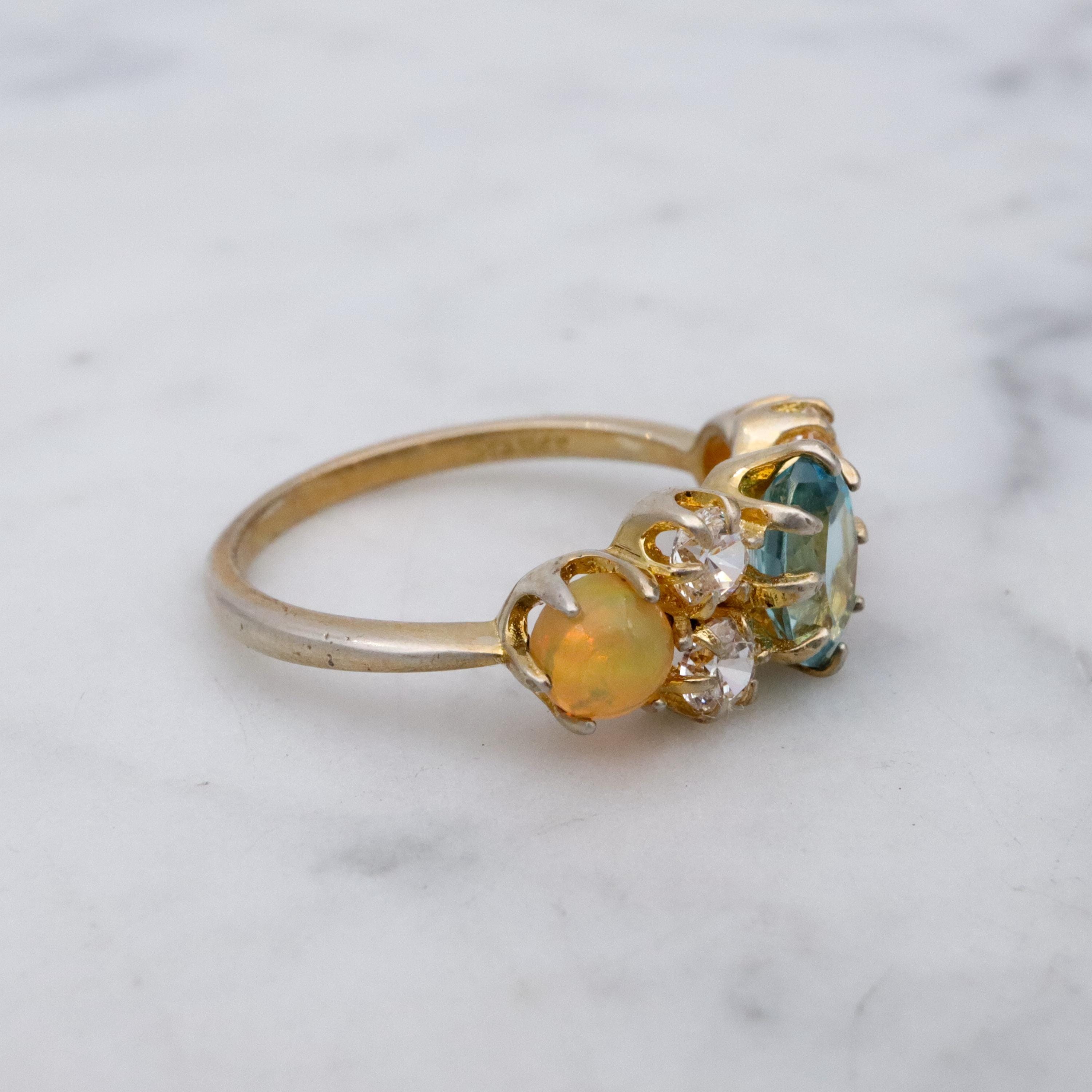 Stauer gold plated sterling blue topaz, fire opal, & cz cocktail ring, sz 6