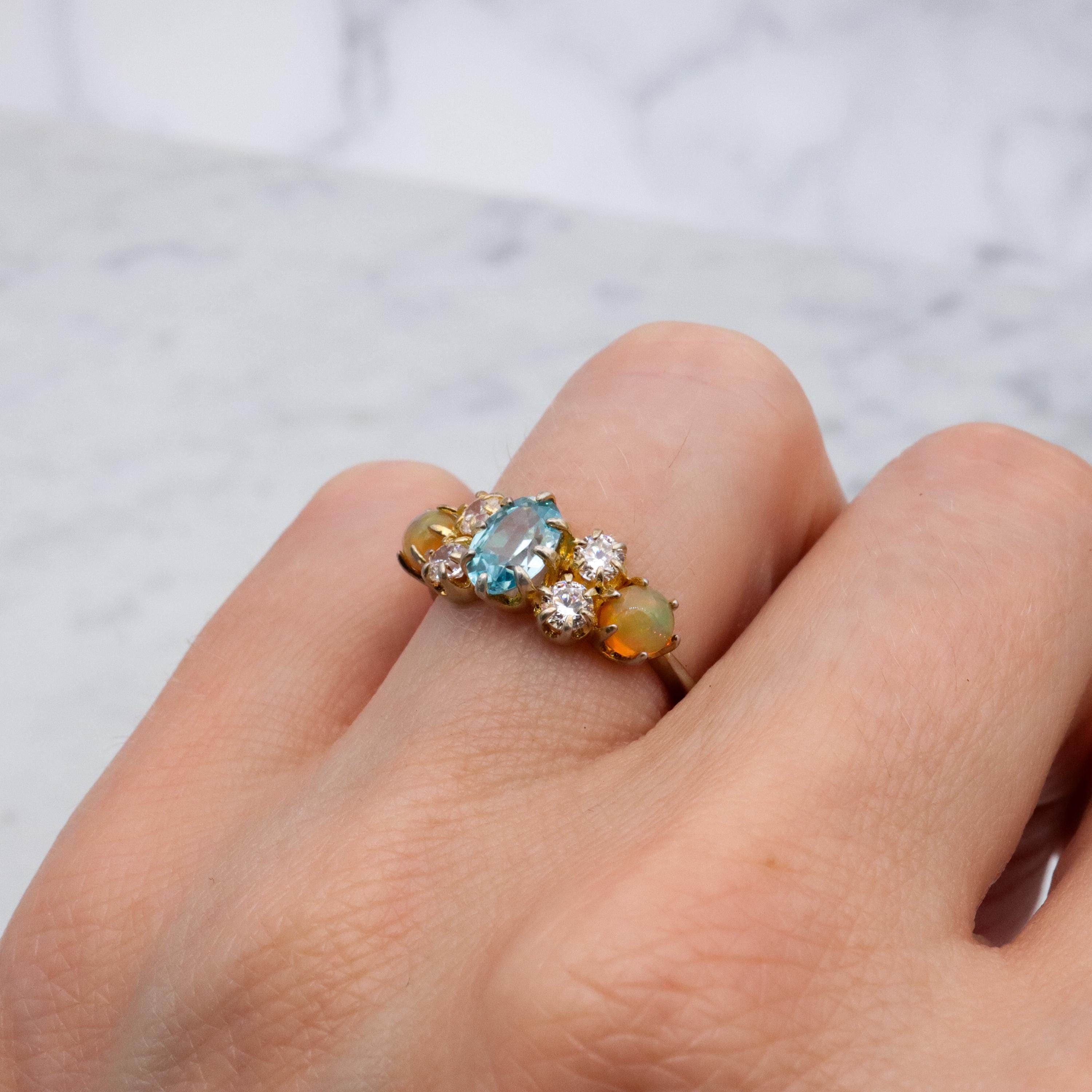 Stauer gold plated sterling blue topaz, fire opal, & cz cocktail ring, sz 6
