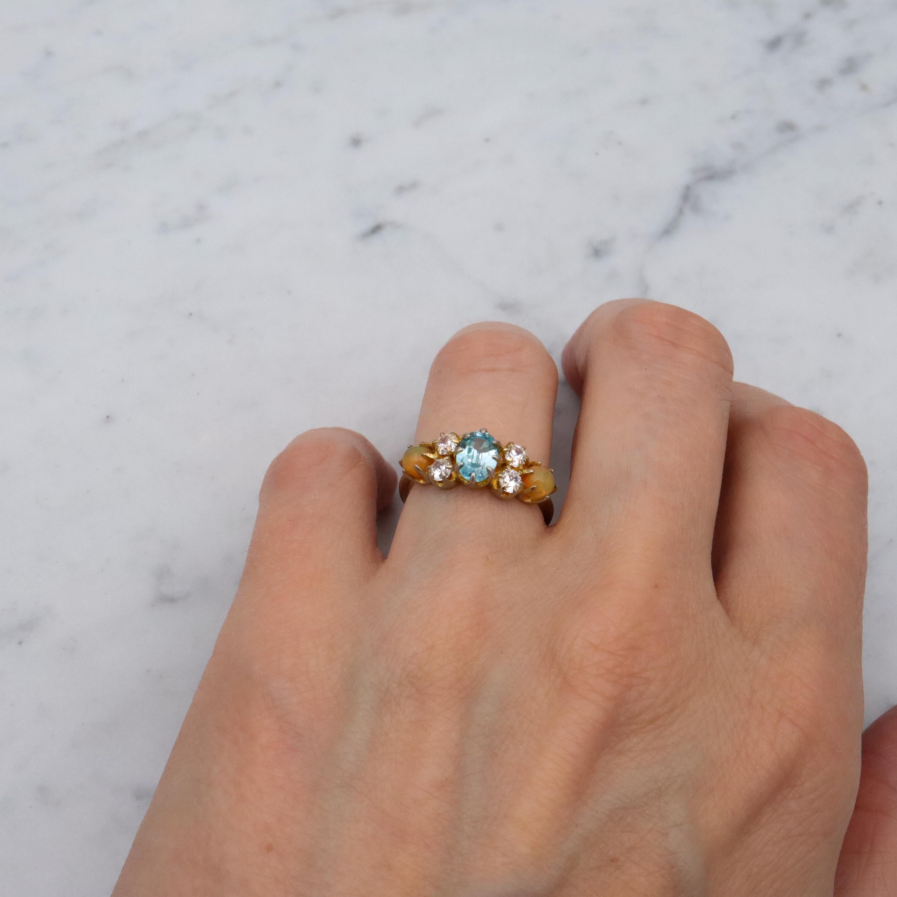 Stauer gold plated sterling blue topaz, fire opal, & cz cocktail ring, sz 6