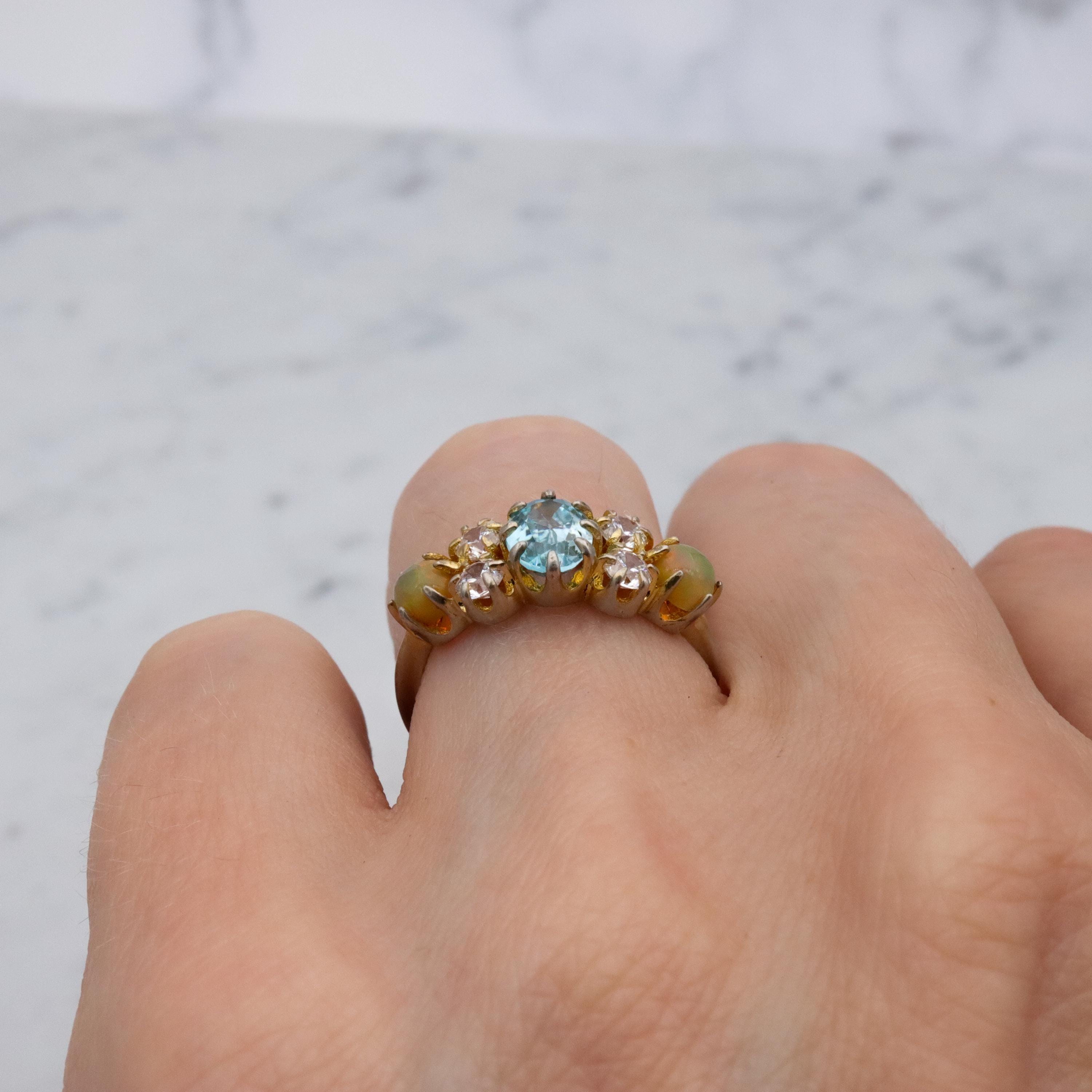 Stauer gold plated sterling blue topaz, fire opal, & cz cocktail ring, sz 6