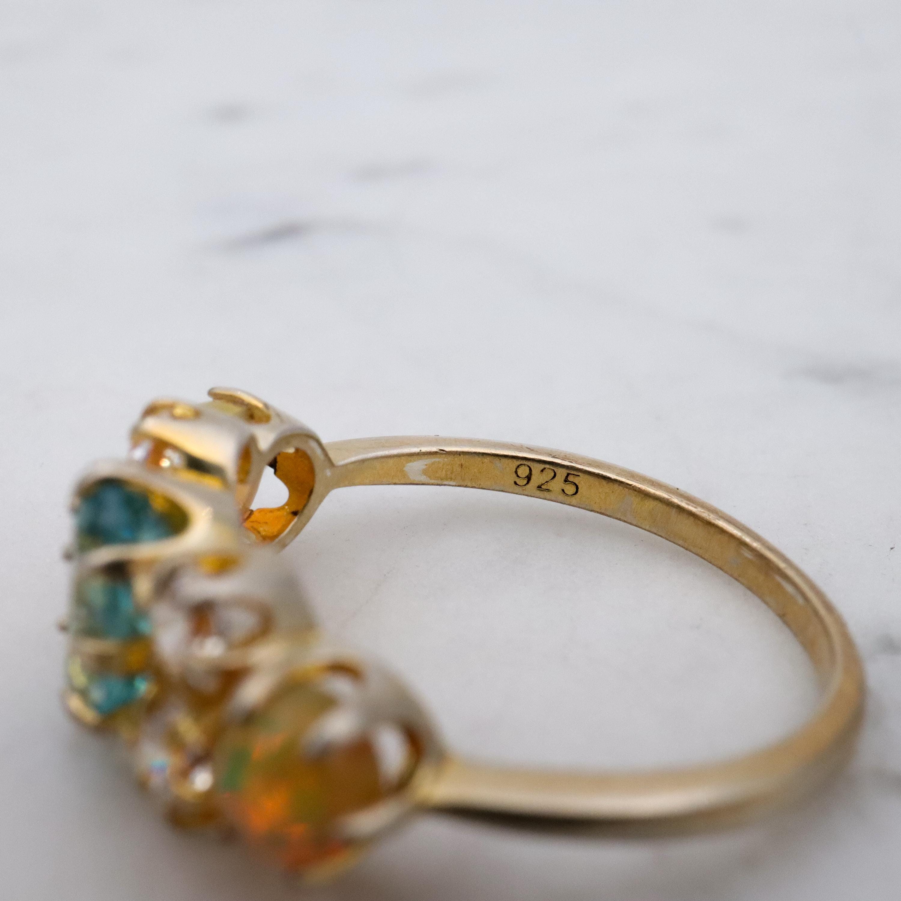 Stauer gold plated sterling blue topaz, fire opal, & cz cocktail ring, sz 6
