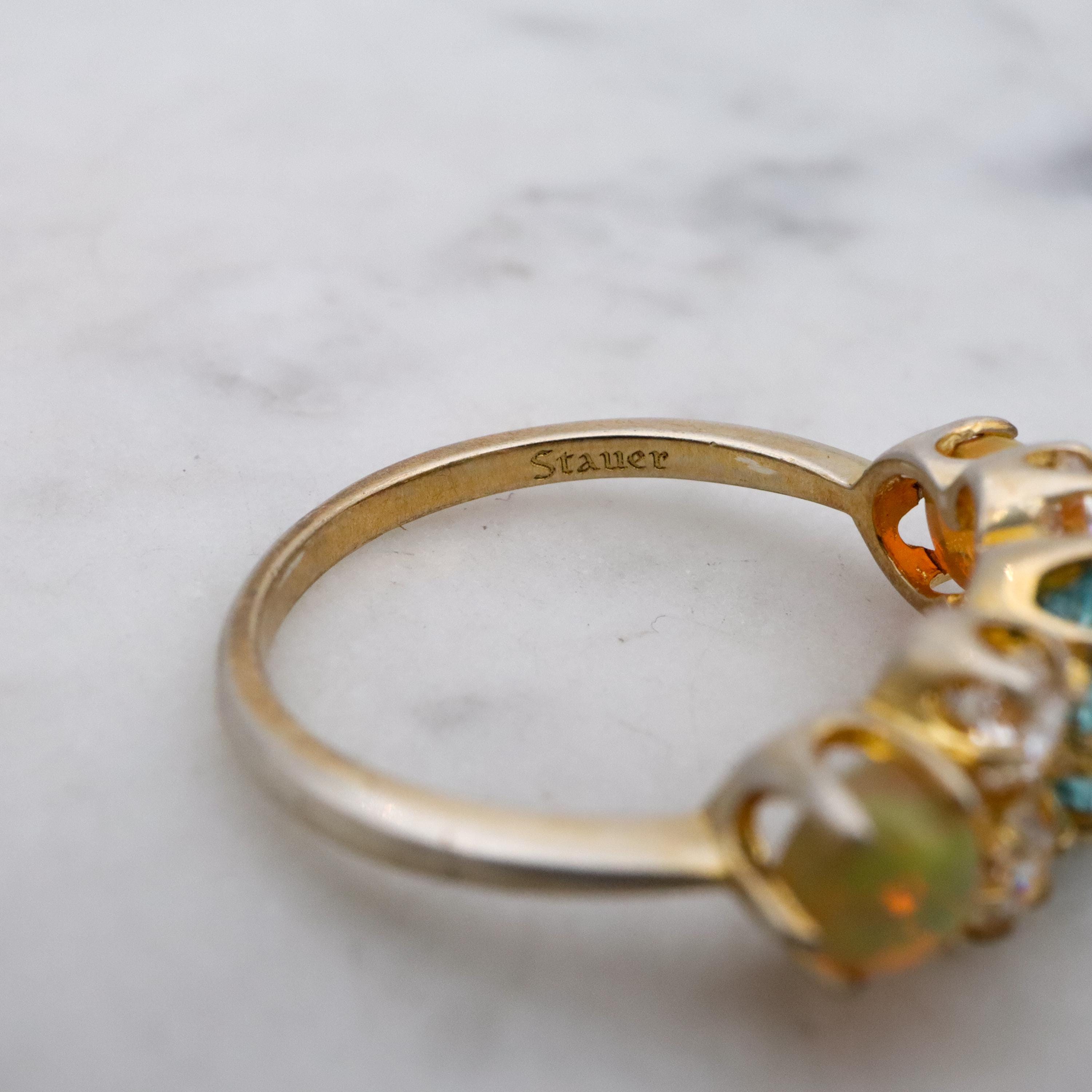 Stauer gold plated sterling blue topaz, fire opal, & cz cocktail ring, sz 6