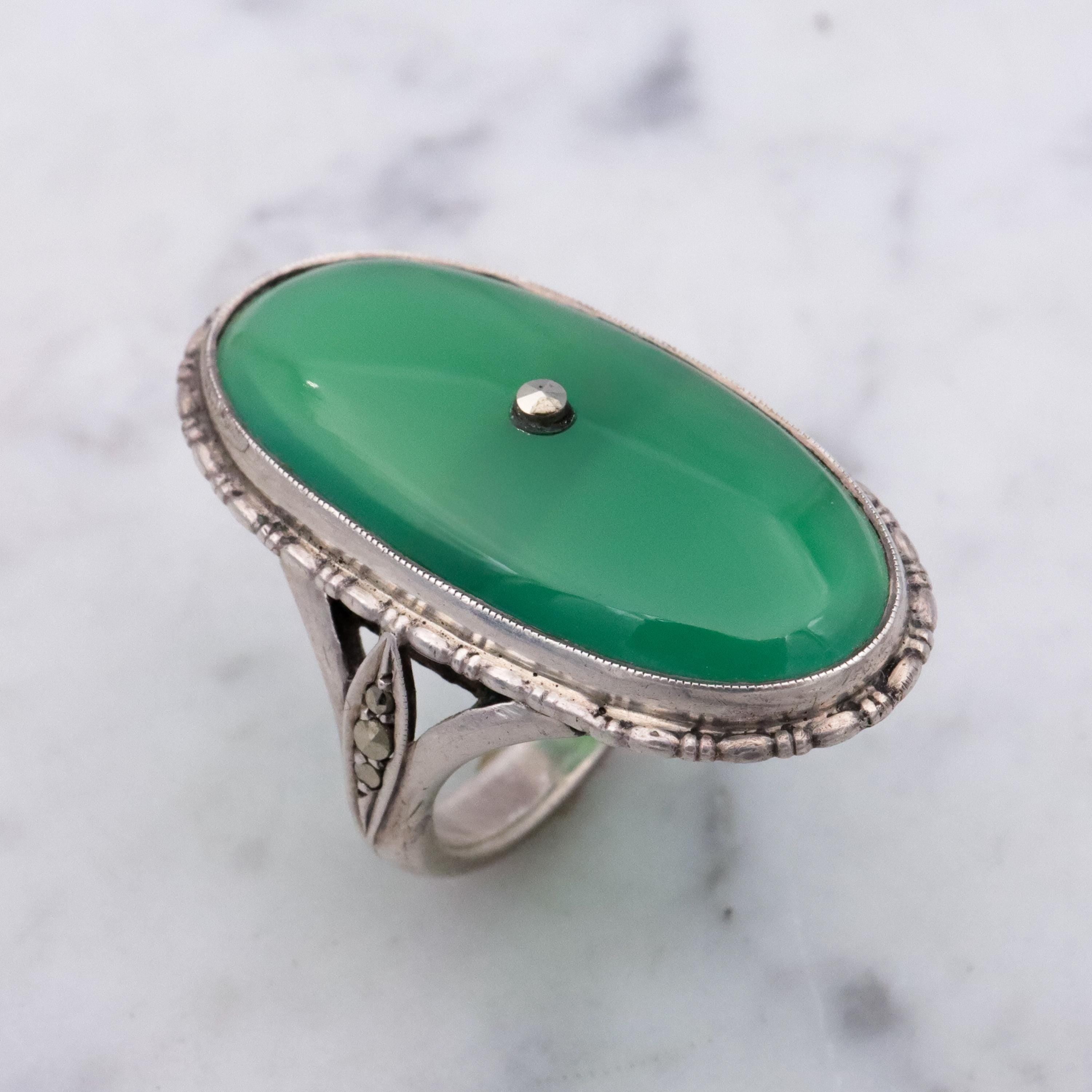 Antique German Art Deco chrysoprase & marcasite 935 silver navette ring, sz 7