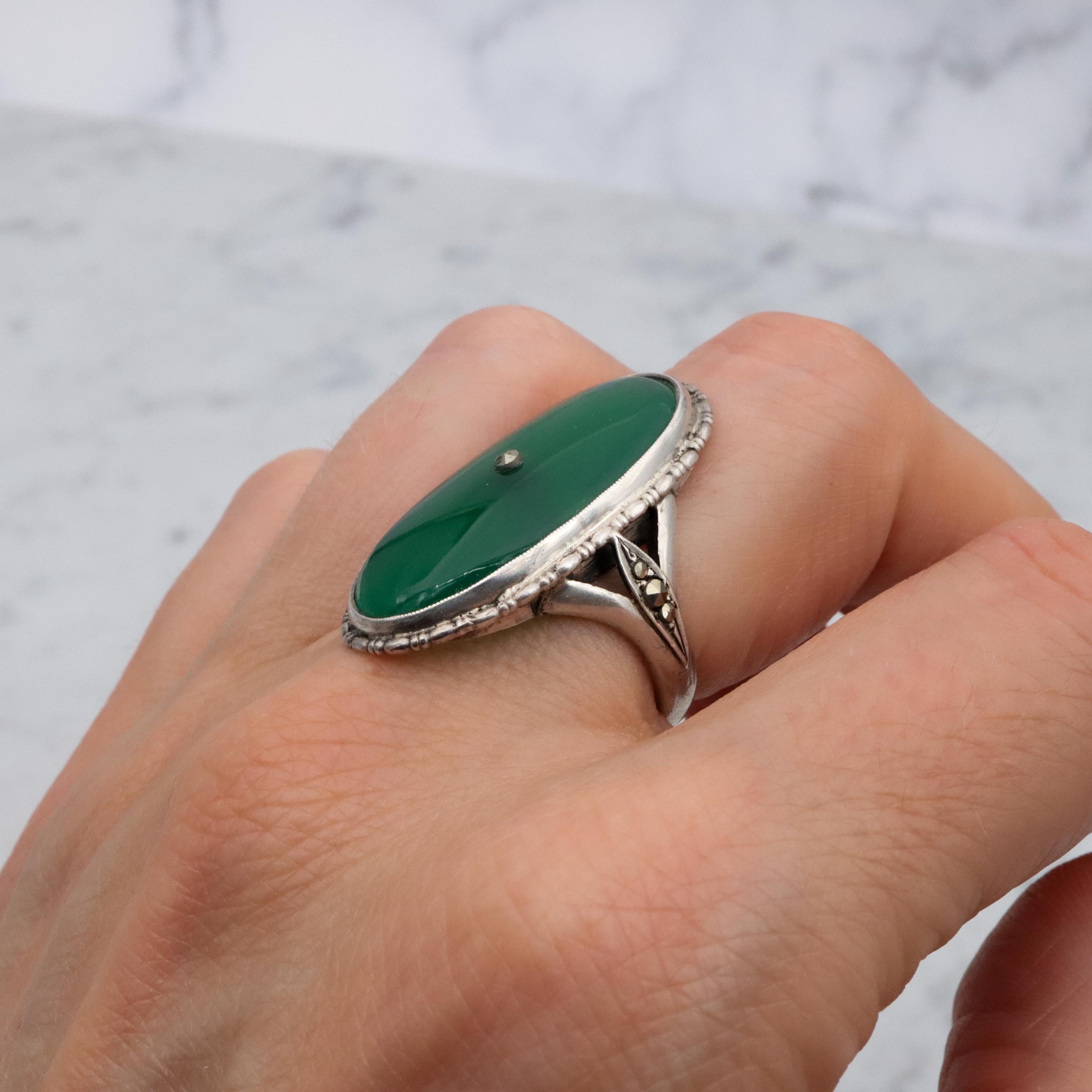 Antique German Art Deco chrysoprase & marcasite 935 silver navette ring, sz 7