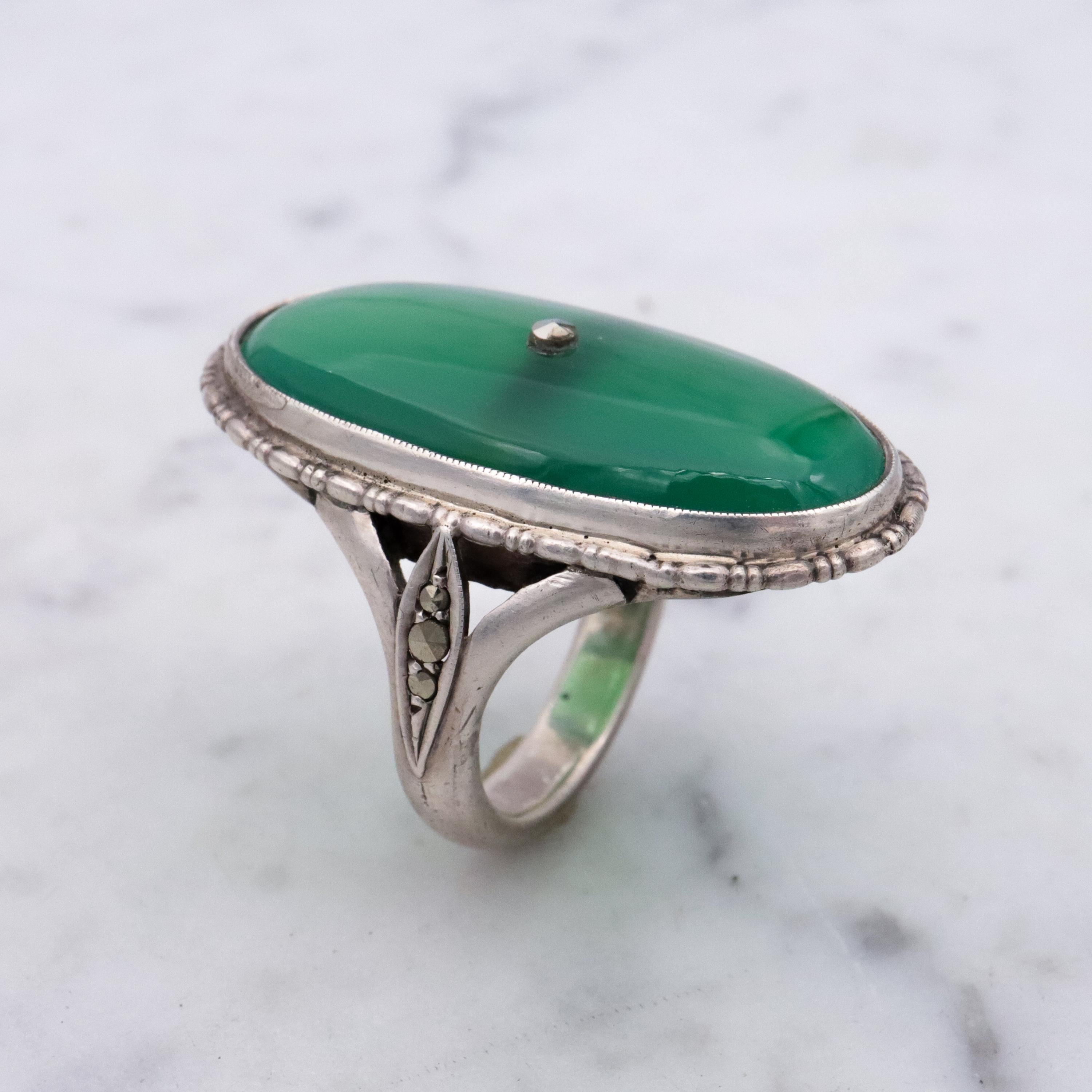 Antique German Art Deco chrysoprase & marcasite 935 silver navette ring, sz 7