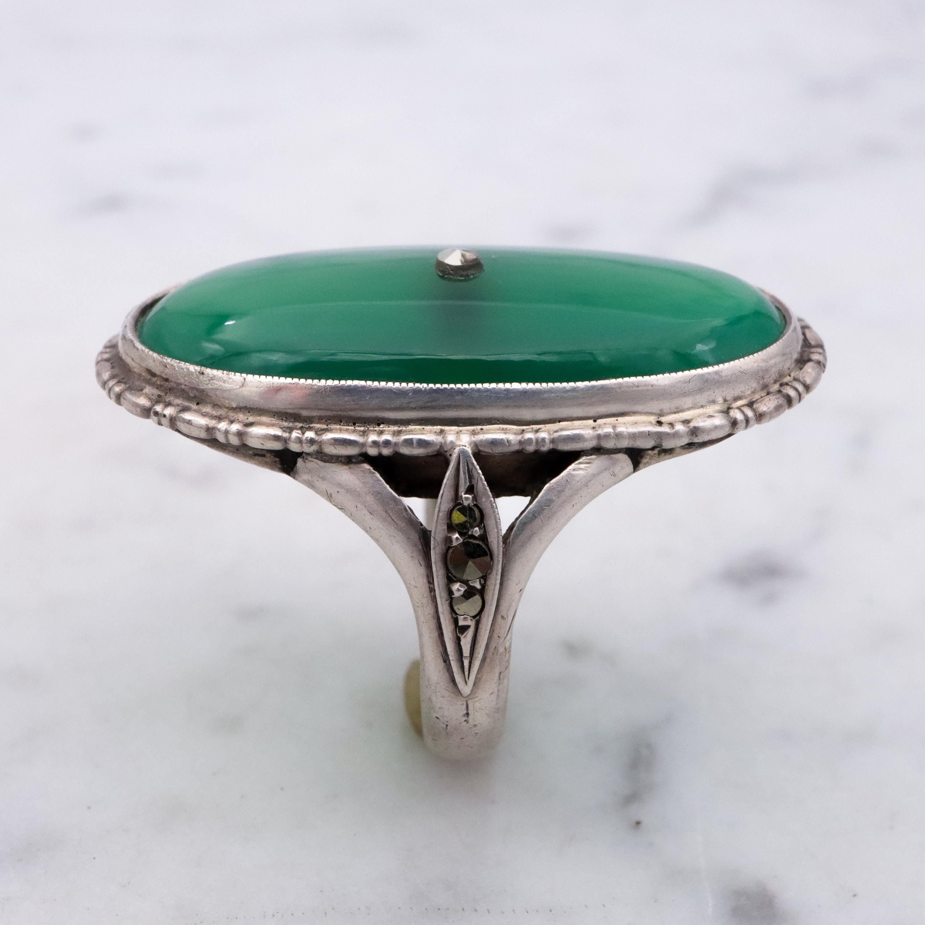 Antique German Art Deco chrysoprase & marcasite 935 silver navette ring, sz 7