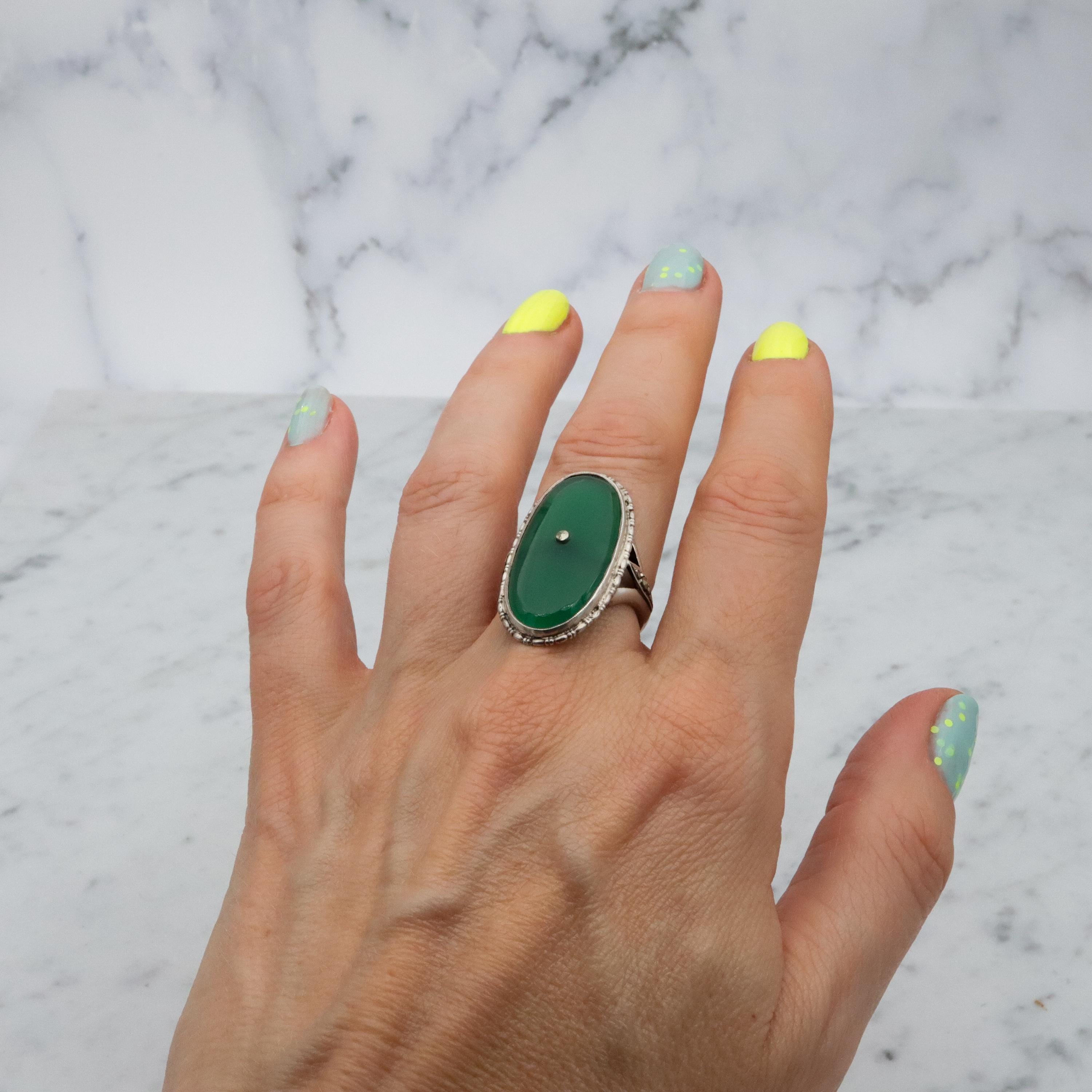 Antique German Art Deco chrysoprase & marcasite 935 silver navette ring, sz 7