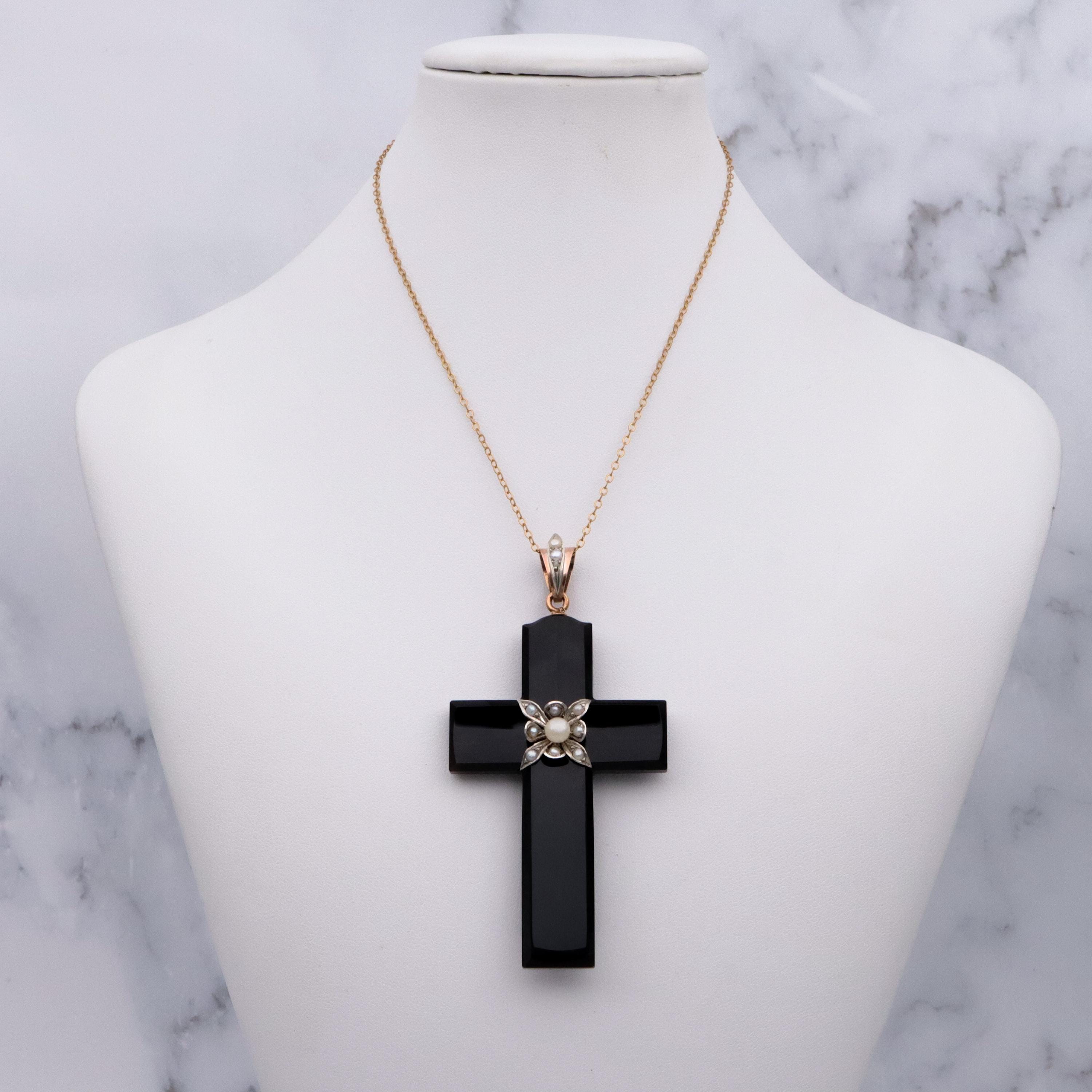 Antique Victorian 14k gold & silver carved black agate cross mourning pendant