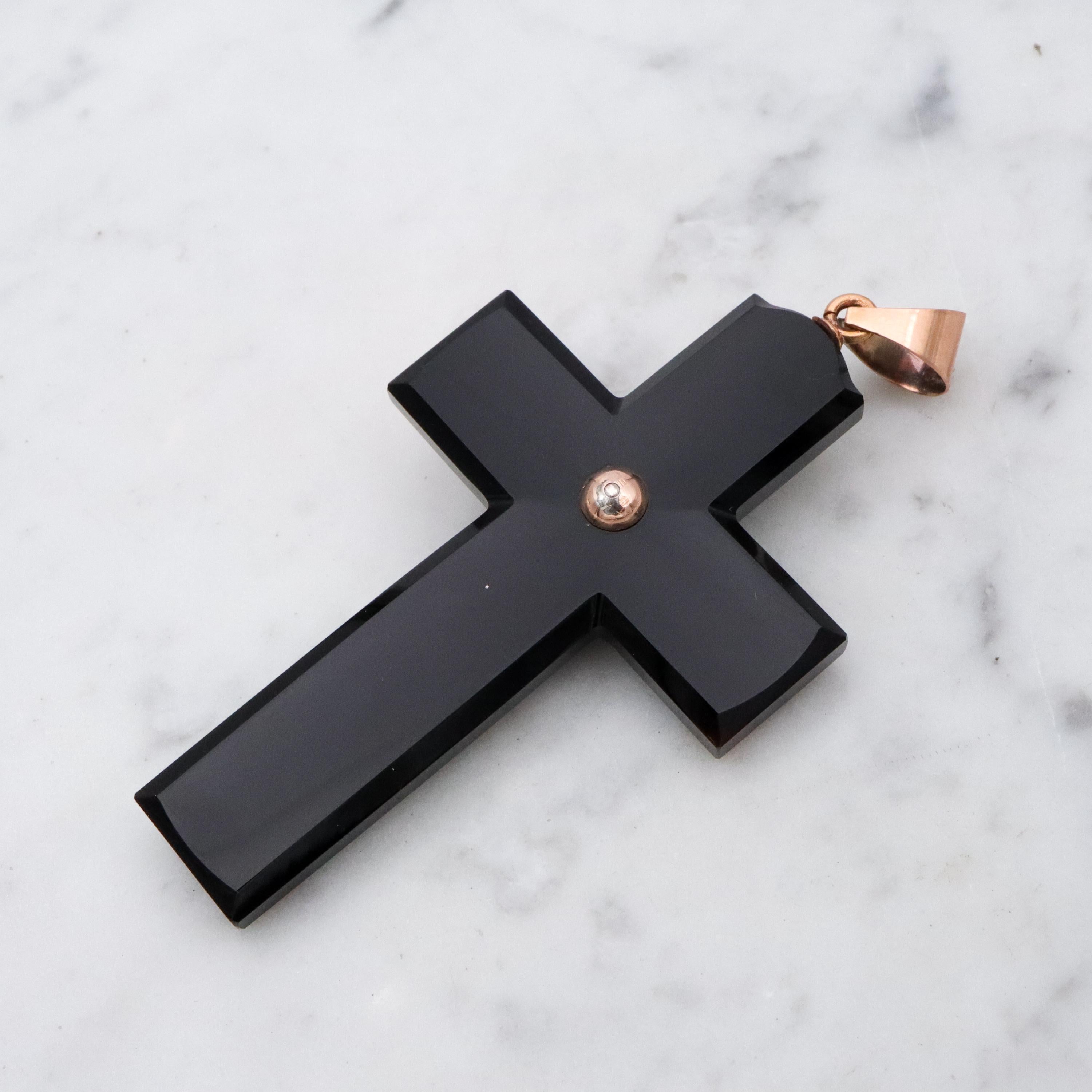 Antique Victorian 14k gold & silver carved black agate cross mourning pendant